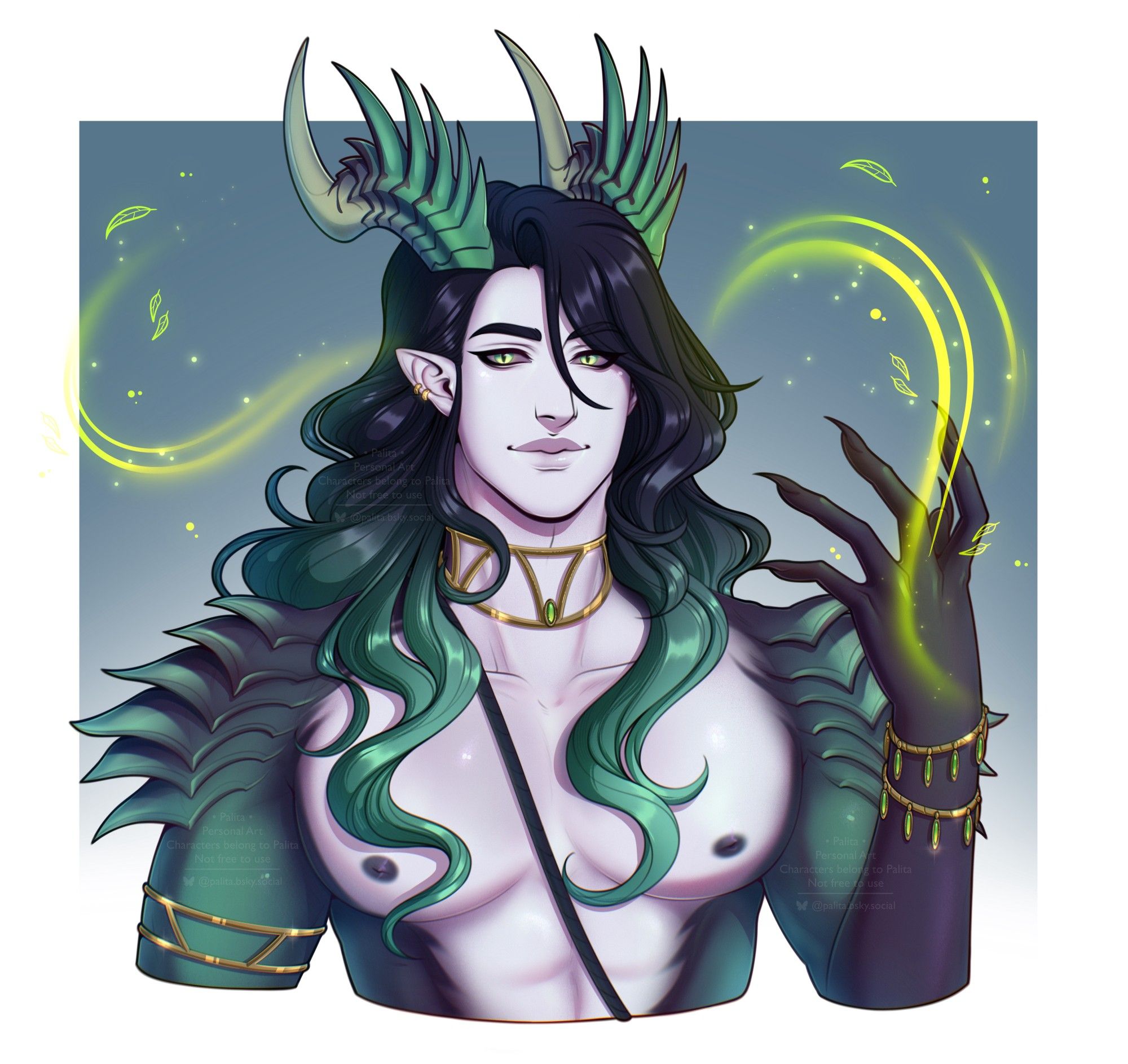 A digital bust of black haired man. The man hold up his left and and casts green magic with leaves. He has green scales on his shoulders and looks to the left with a soft smile. He also has green horns spiky horns. Jewelery decorates his wrist/arm/ear and neck.