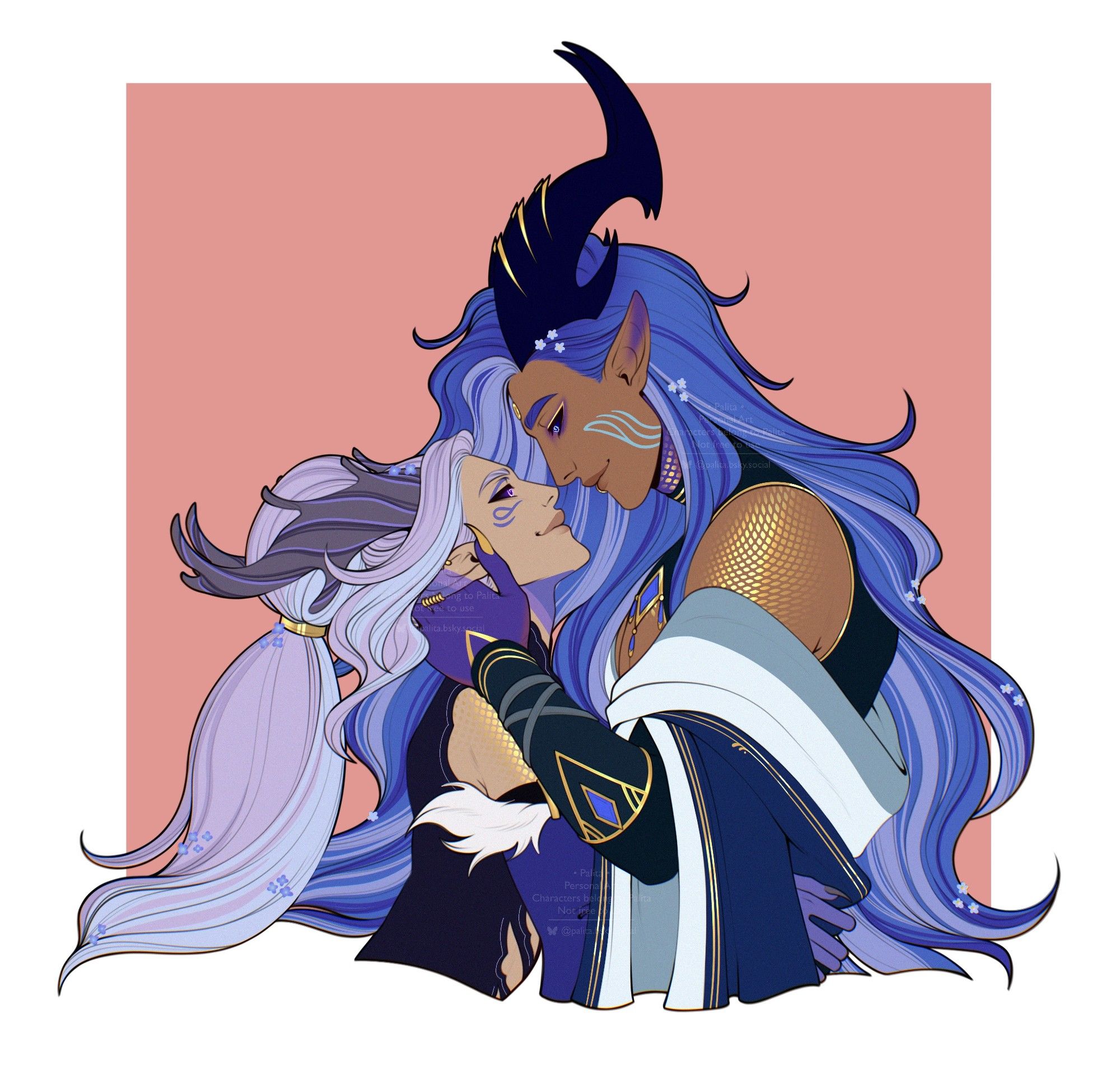 A digital half-body piece of two men holding each other tenderly. The smaller man has antlers and long lavender hair, while the taller man has dark blue horns and long light indigo hair.