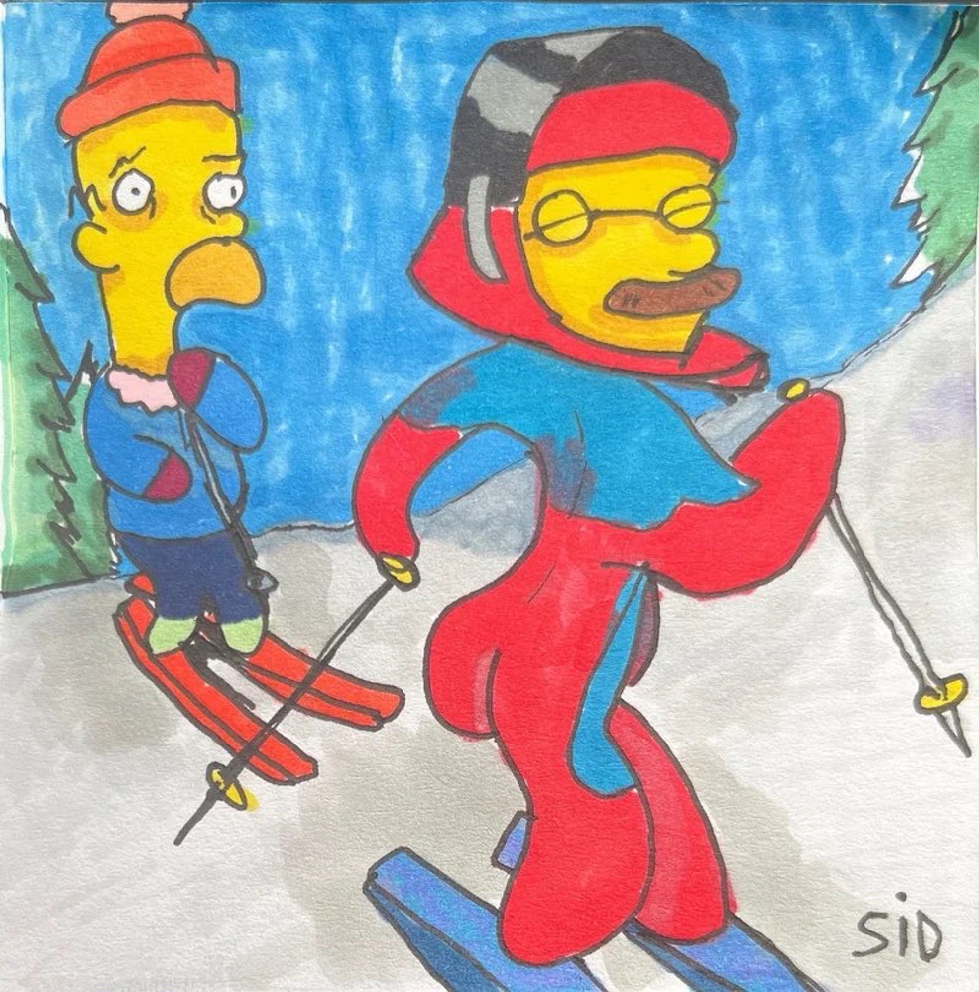 sids drawing of ned flanders with the ski outfit on and homer looking distressed in the sidsons style