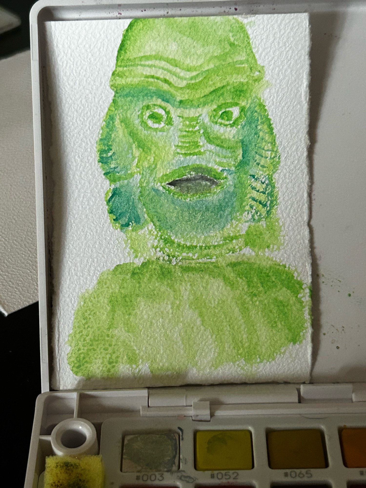 a watercolor portrait of gillman from creature from the black lagoon 