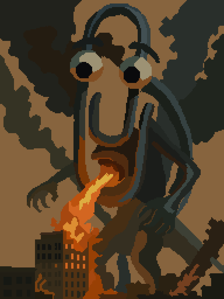 a pixel art painting by sid of a kaiju styled Clippy the paperclip destroying a city with flaming breath 