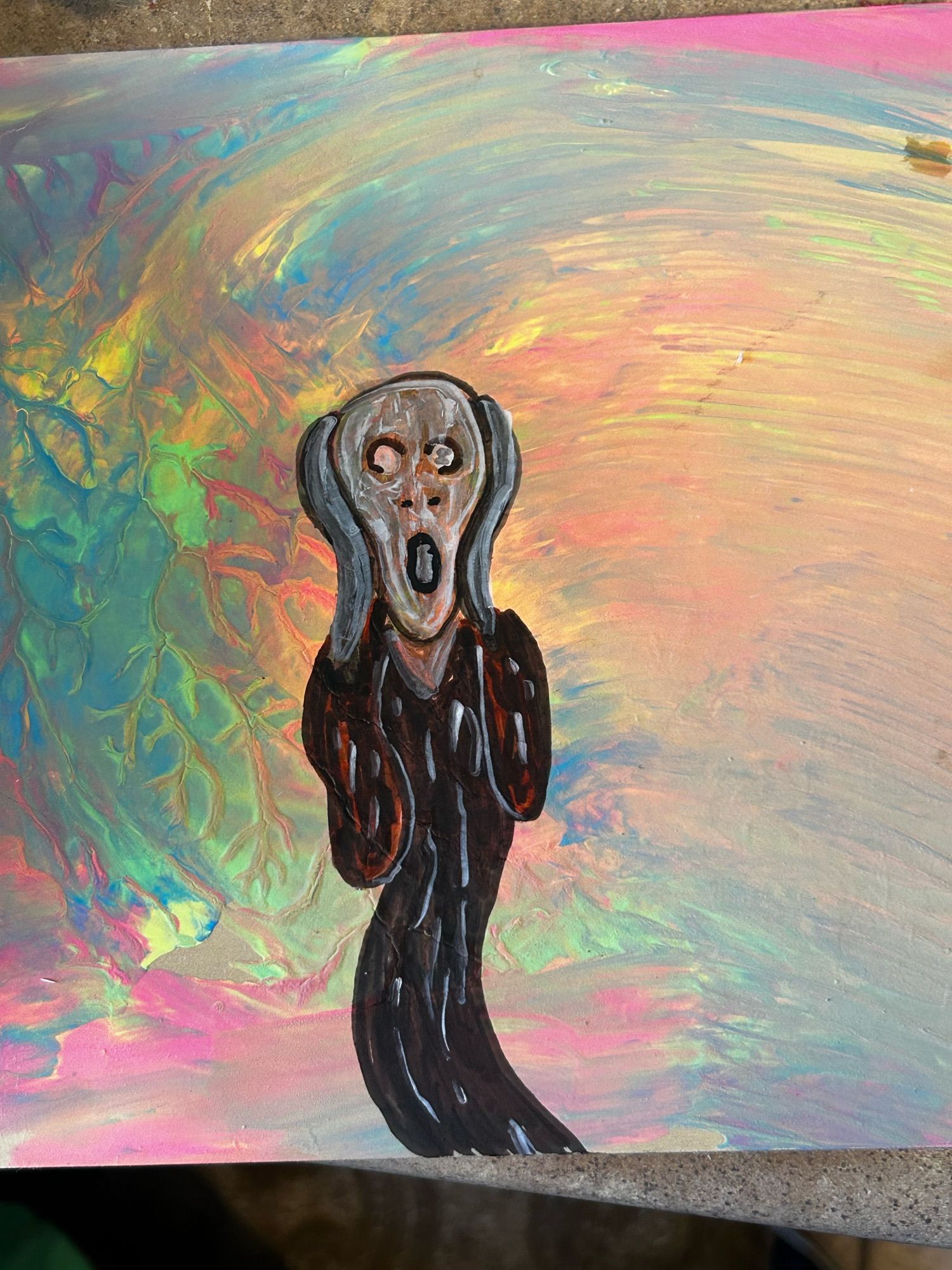 sids painting of The Scream on a neon abstract background