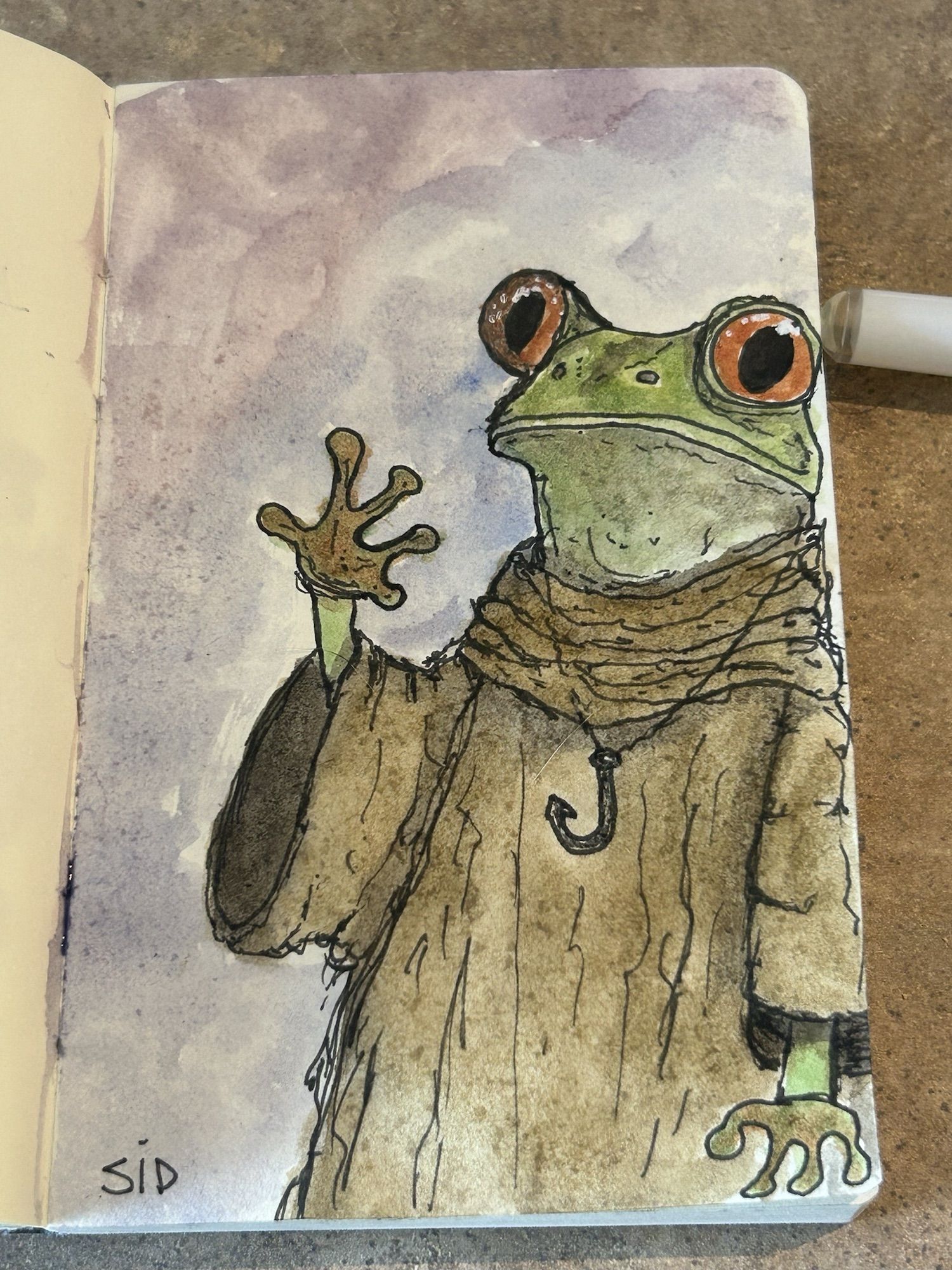 an ink and watercolor of a frog cleric with a brown robe and fish hook pendant