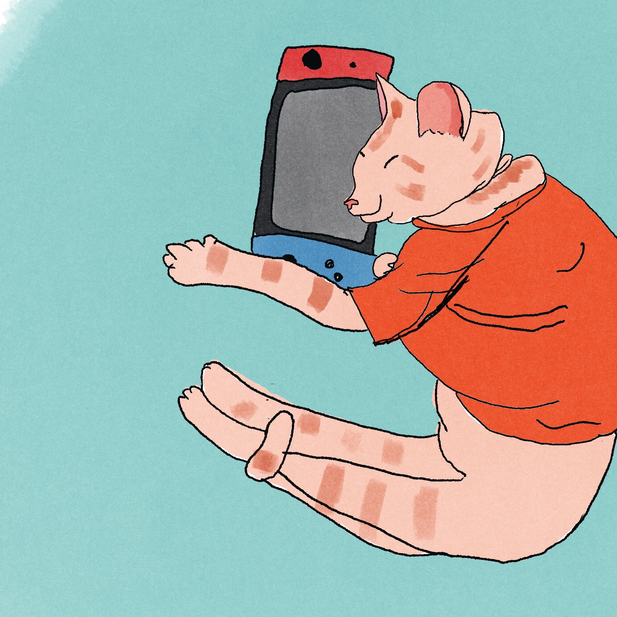 a digital drawing of a cat in an orange sweater hugging a nintendo switch