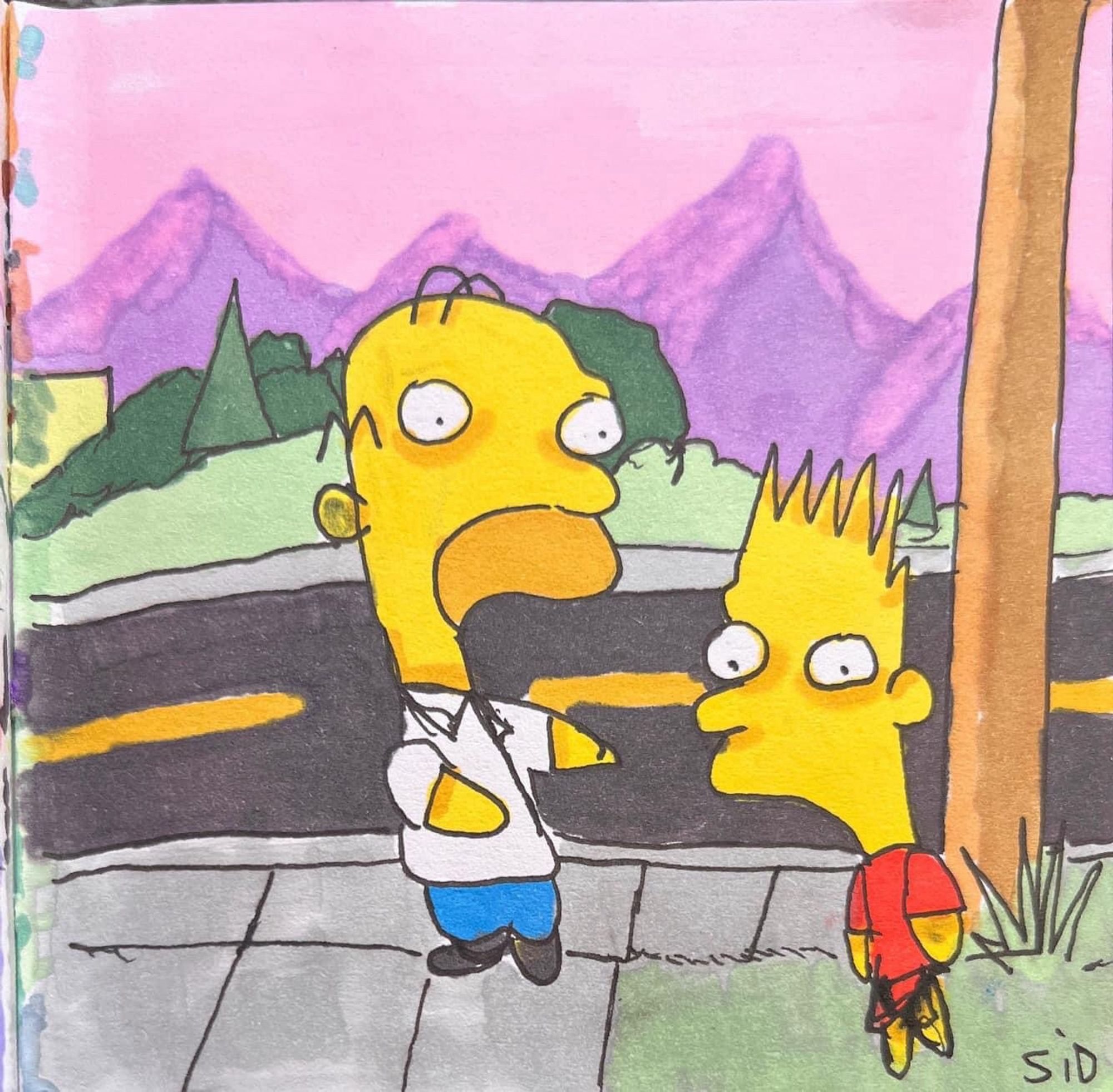 an ink and alcohol ink drawing of homer simpson and bart simpson outdoors with bart wearing no pants in sids sidsons style