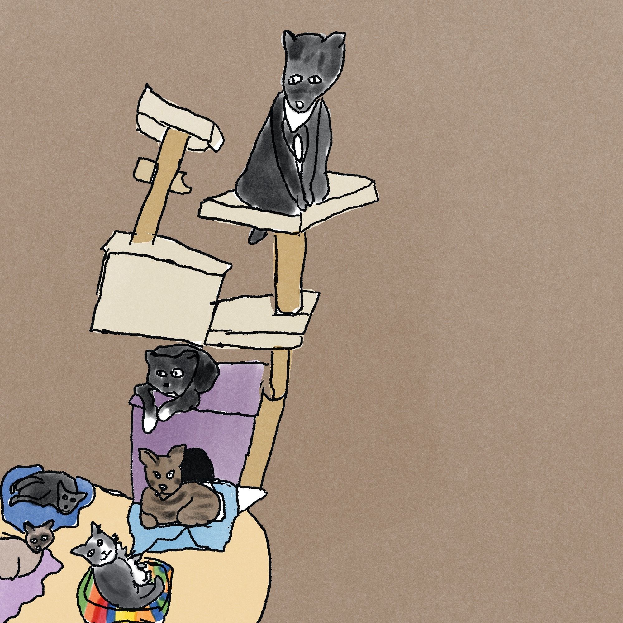 a digital drawing of six cats in various cat beds and climbers