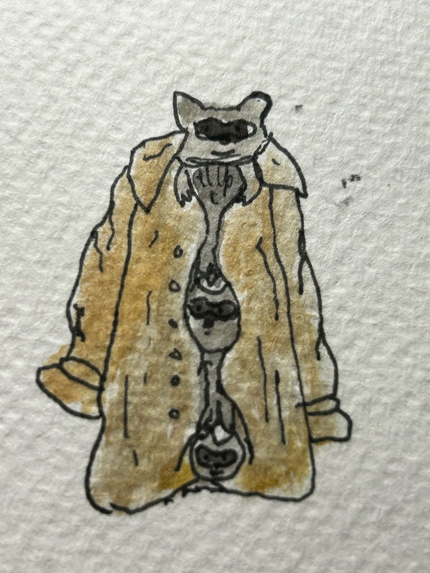 a tiny ink and watercolor of three raccoons in a trench coat