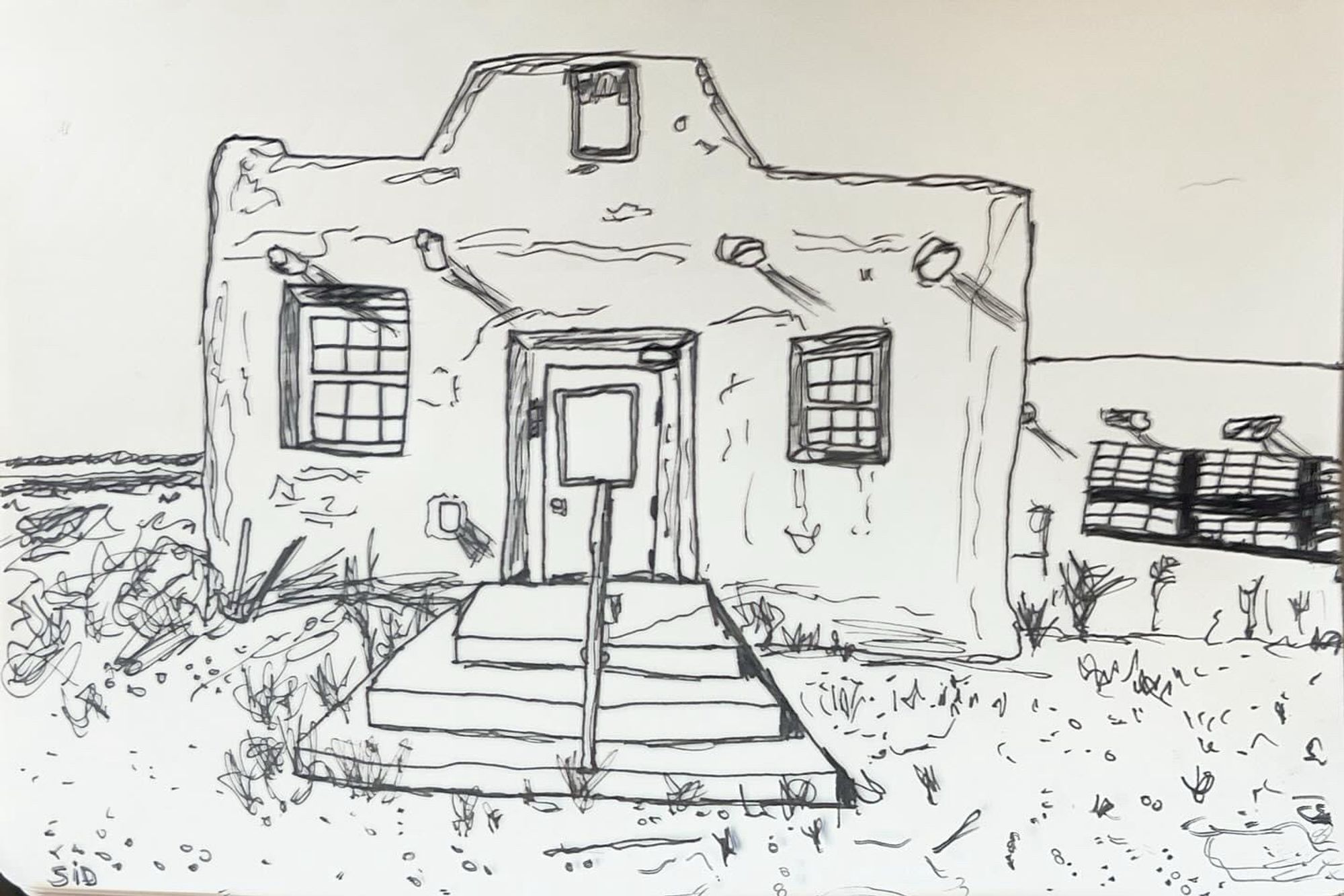 a freehand pen drawing of a strange stucco building in new mexico