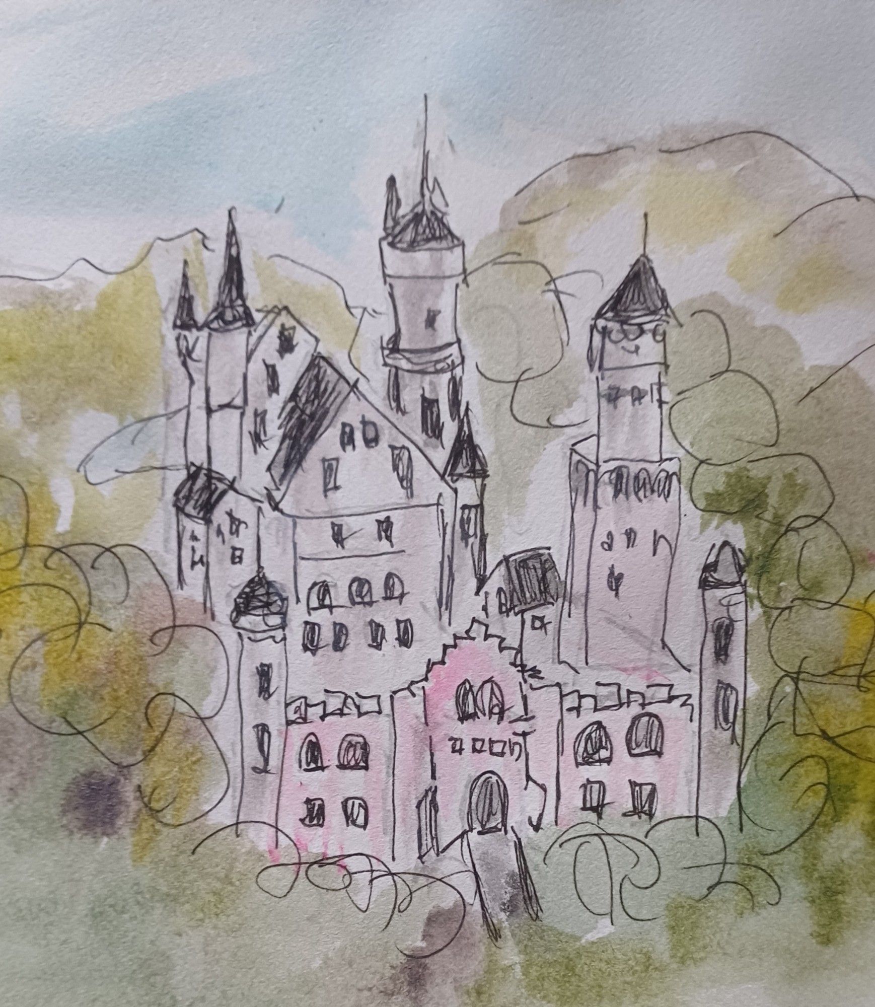 Ein Schloss, gezeichnet mit Fineliner.  Verschiedene Türme in unterschiedlichen Höhen. Das Schloss ist umgeben von Wald und Bergen.