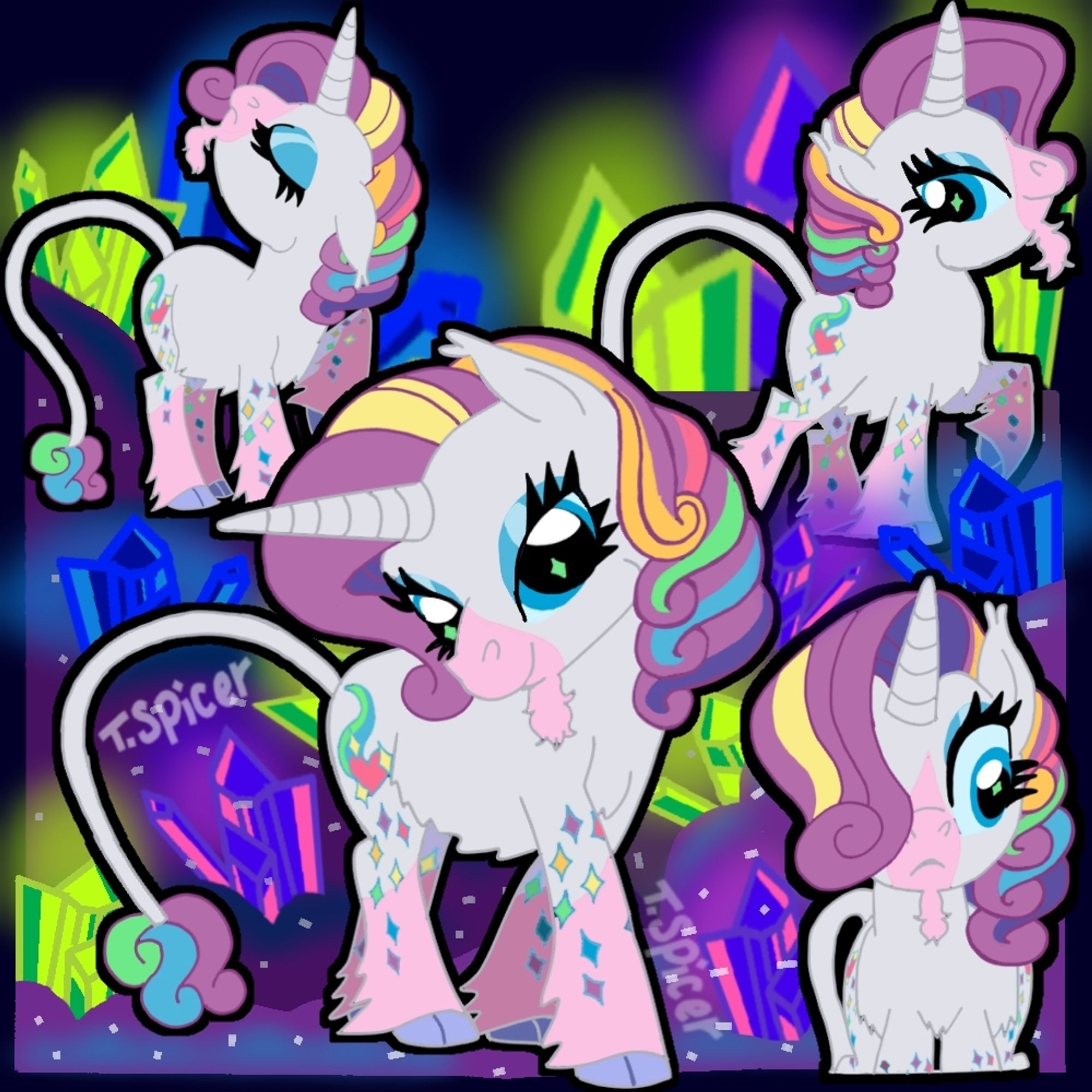 A canon style Rarity with traditional unicorn features (ie beard, cloven hooves and whip-like tail). She has streaks in her hair that match the rainbow. Her tail has green, blue, and purple tufts of hair at the end. Her hooves are a periwinkle color. A magenta heart is on her right hoof

Her muzzle and the ends of her legs are pink. Multicolored diamond patterns are on each leg.

Her cutie mark matches her G3 counterpart (ie pink heart with small yellow diamonds around it and blue & green streaks behind the heart) But now multicolored diamond patterns trail off from the cutie mark.

There are four Rarities in each corner of the screen. Each one in a variety of different expressions and poses: surprised, haughty, flirty, and proud.