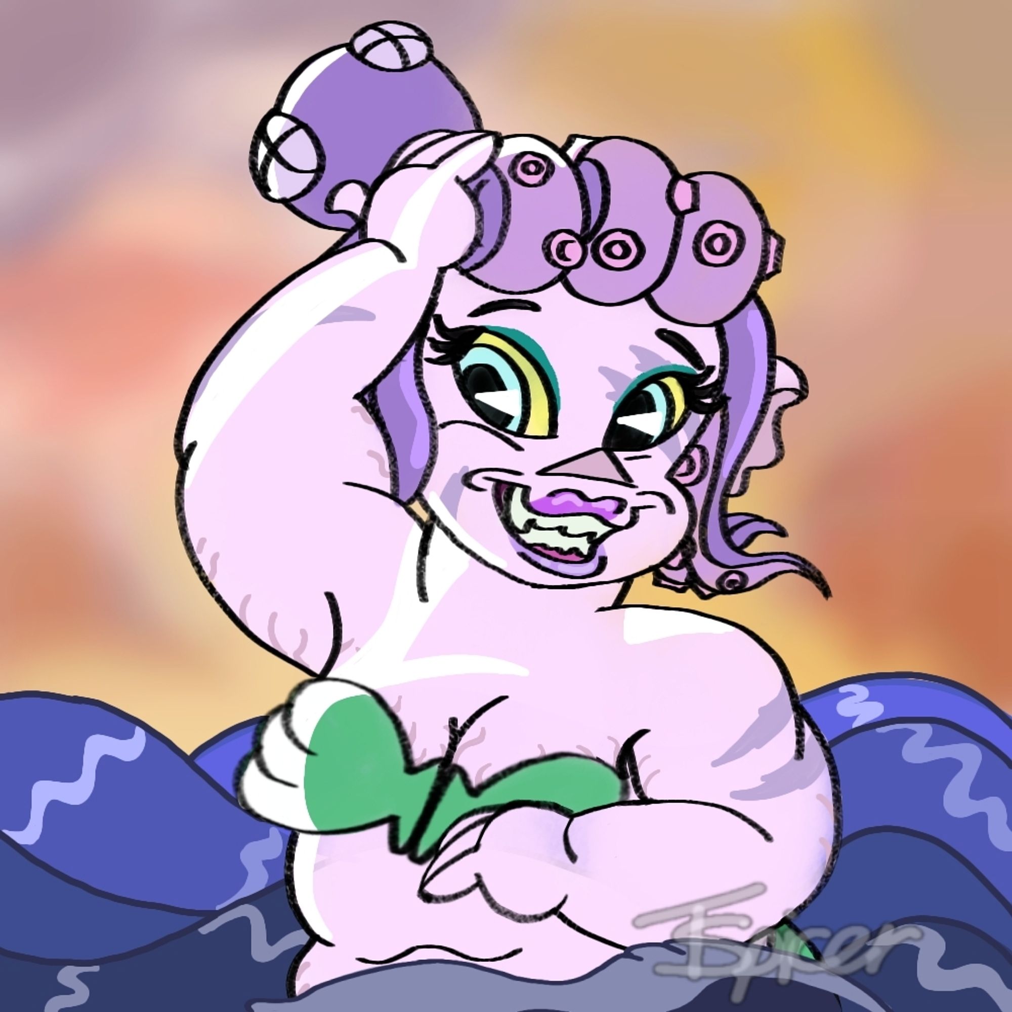 A plus sized Cala Maria in the waves against a sunset background. She smiles cutely with her left hand against her head and her right near her waist. She is posed seductively.