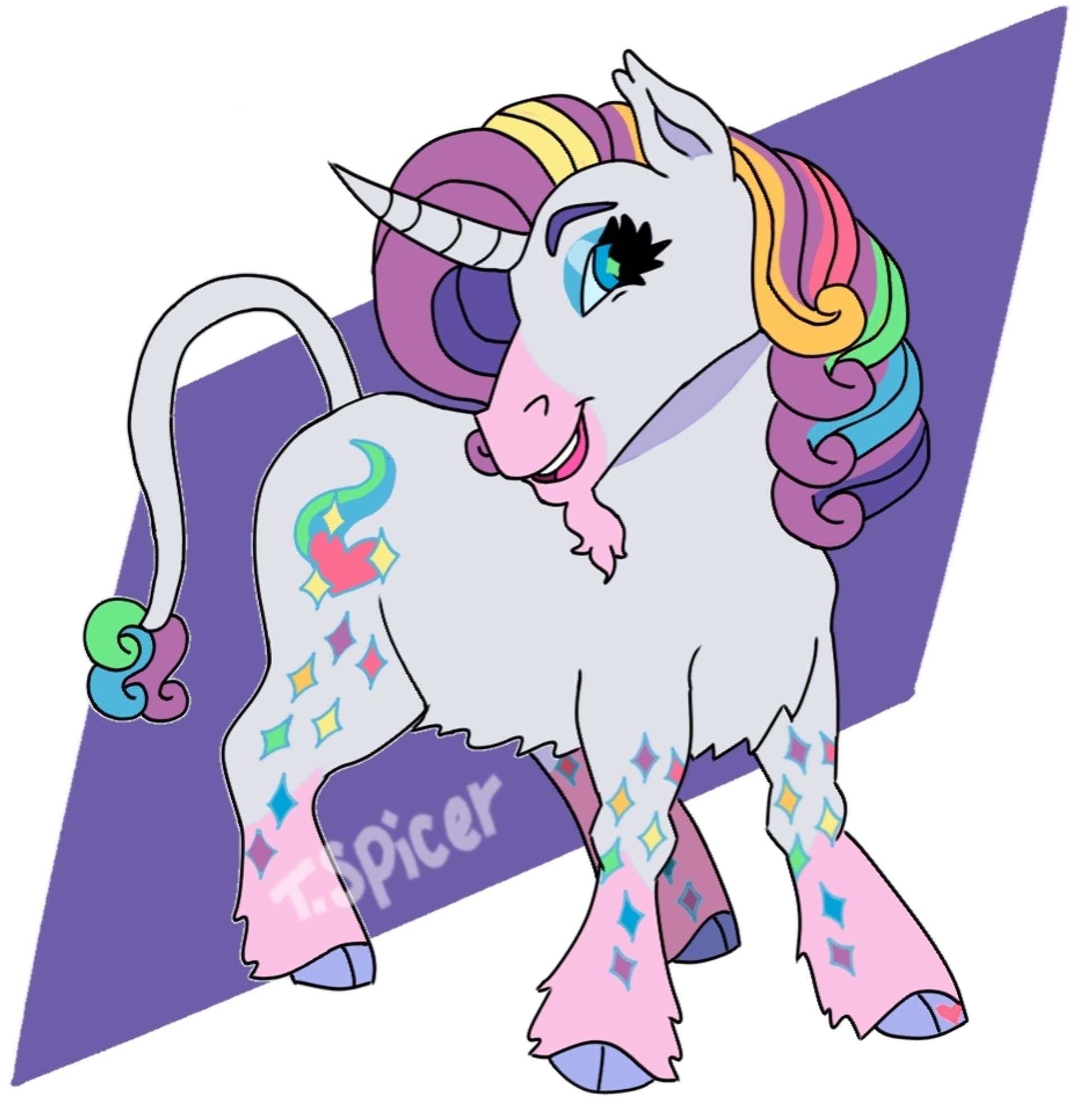 A smiling, realistically styled Rarity with traditional unicorn features (ie beard, cloven hooves and whip-like tail). She has streaks in her hair that match the rainbow. Her tail has green, blue, and purple tufts of hair at the end. Her hooves are a periwinkle color. A magenta heart is on her right hoof

Her muzzle and the ends of her legs are pink. Multicolored diamond patterns are on each leg.

Her cutie mark matches her G3 counterpart (ie pink heart with small yellow diamonds around it and blue & green streaks behind the heart) But now multicolored diamond patterns trail off from the cutie mark.