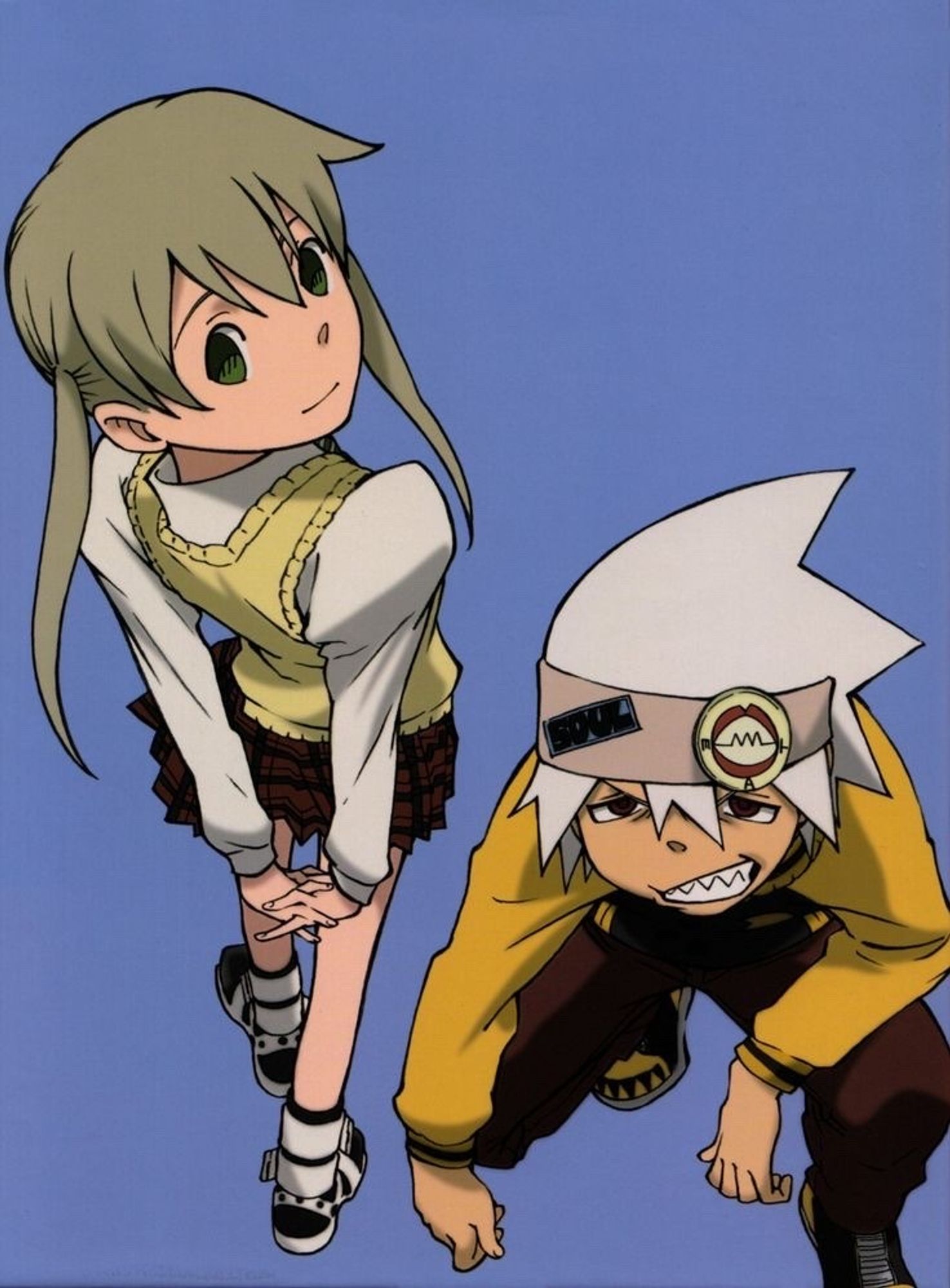 Maka Albarn from Soul Eater stands with her back facing towards the viewer. Her hands are clasped behind her back. She's looking over her shoulder smiling softly.

Soul Evans from Soul Eater is squatting on the ground on Maka's right. His right hand is bent over his bent right knee. He smiles cockily, mouth full of sharp teeth.