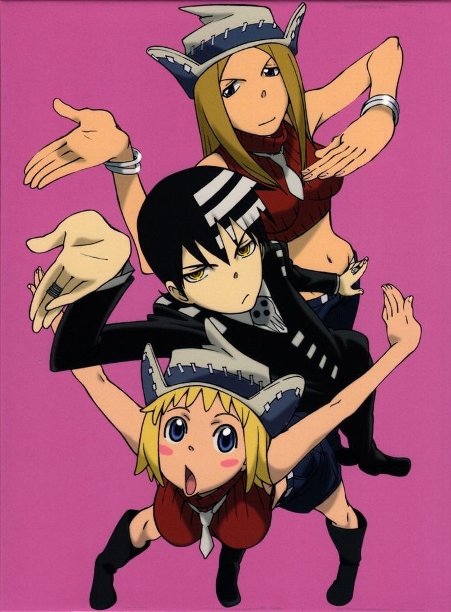 Patty Thompson, from Soul Eater, stands in the front bent over, arms up and out in a "v" shape. Her mouth is open in "o" shape.

Death the Kid stands behind Patty, his left arm is stretched over Patty head and his hand open and flat. His left hand appears big due to perspective. His right hand is stretched slightly behind He has a neutral expression on his face, brows furrowed.

Liz Thompson stands taller behind Death the Kid. She has her left hand stretched out and placed a few inches near Death the Kid's. Her left hand is stretched flat and is tilted at an angle. Her right arm is bent with her right hand by her chest. Her right hand is stretched flat.