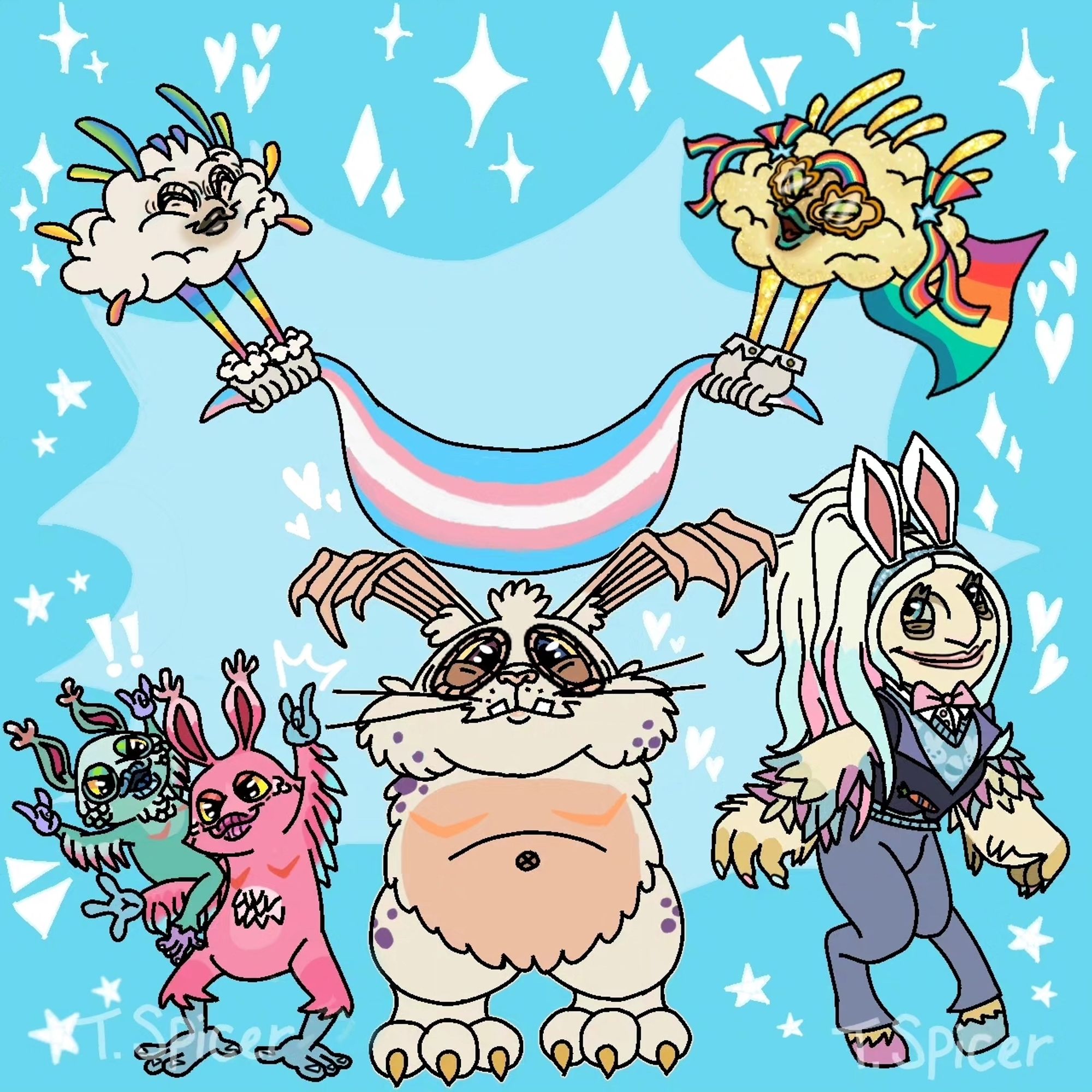 Whizbang and Rare Whizbang hold a trans flag banner. Hippity-Hop, Blabbit, and Parlsona stand below them. Hippity-Hop and Blabbit have too scars. Parlsona is wearing it's Easter costume.