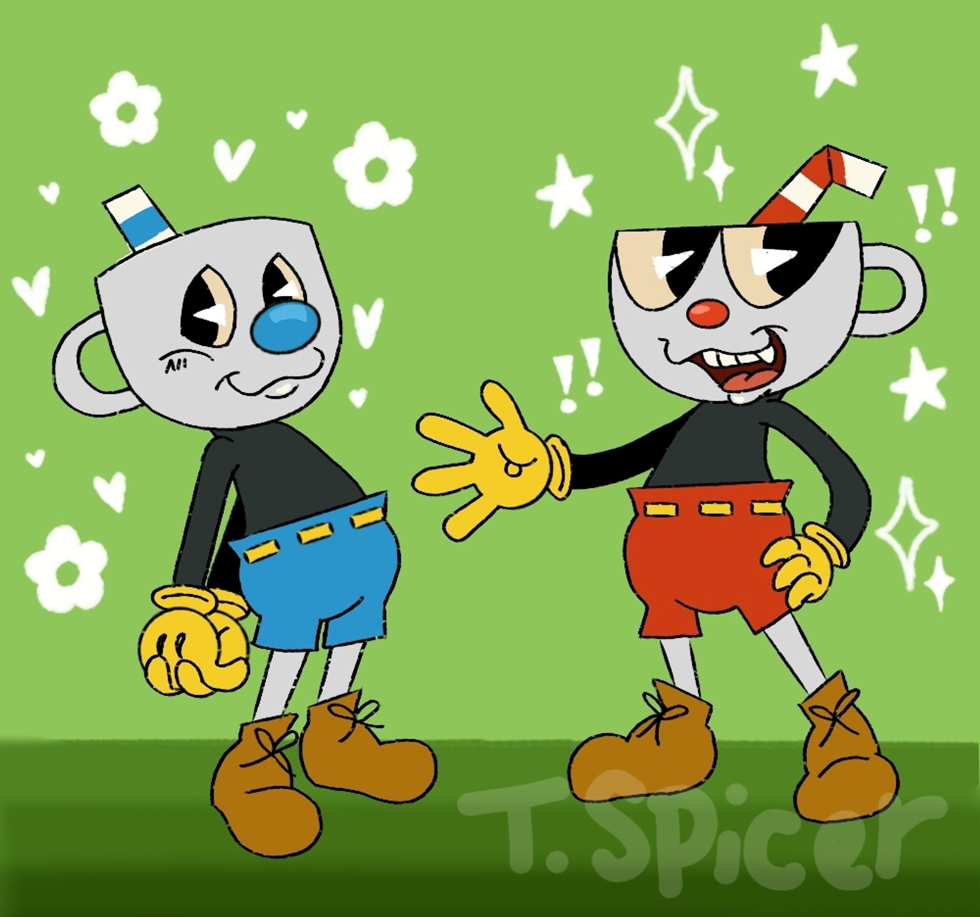 Mugman and Cuphead from Cuphead Don't Deal With The Devil are standing in front of a green background and varying shades of dark green ground. Mugman smiles softly with his hands clasped behind his back and white flowers and small hearts surrounding him. 
Cuphead stands to his right with his left hand in the air, and open mouth grin on his face. His other hand is on his hip. Small white stars and exclamation points surround him.