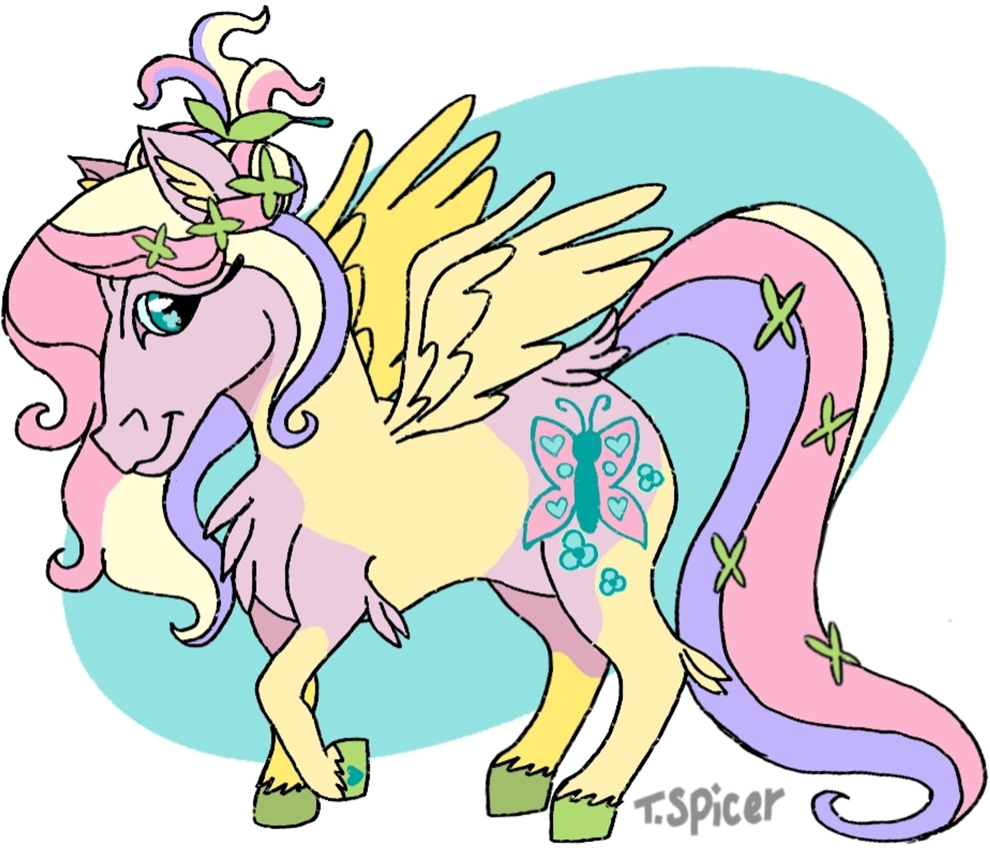 A realistic stylized redesign of Fluttershy. She has a few avian features such as extra feathers on her legs and above her tail.
Her coat is light pinkish purple with yellow splotches. Her mane & tail are tricolored with pink, cream yellow, and lavender. Her hooves are lime green with a small turquoise heart on her right hoof.
She also has lime green butterfly hair clips in her hair & tail. And butterfly shaped hair tie holding up a messy bun.