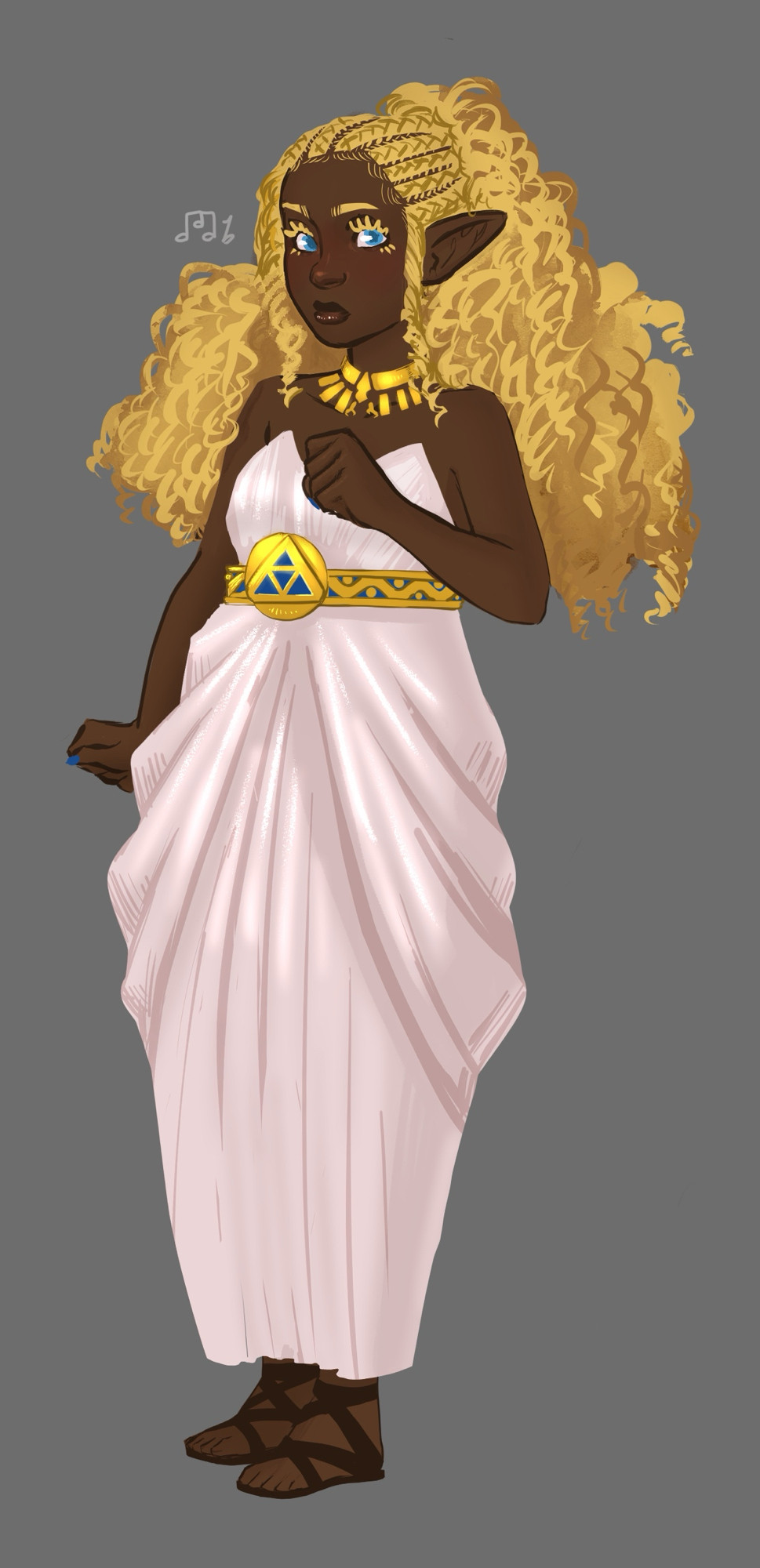 Princess Zelda- portrayed with dark skin, wearing a white dress with a golden belt placed just under her bust.