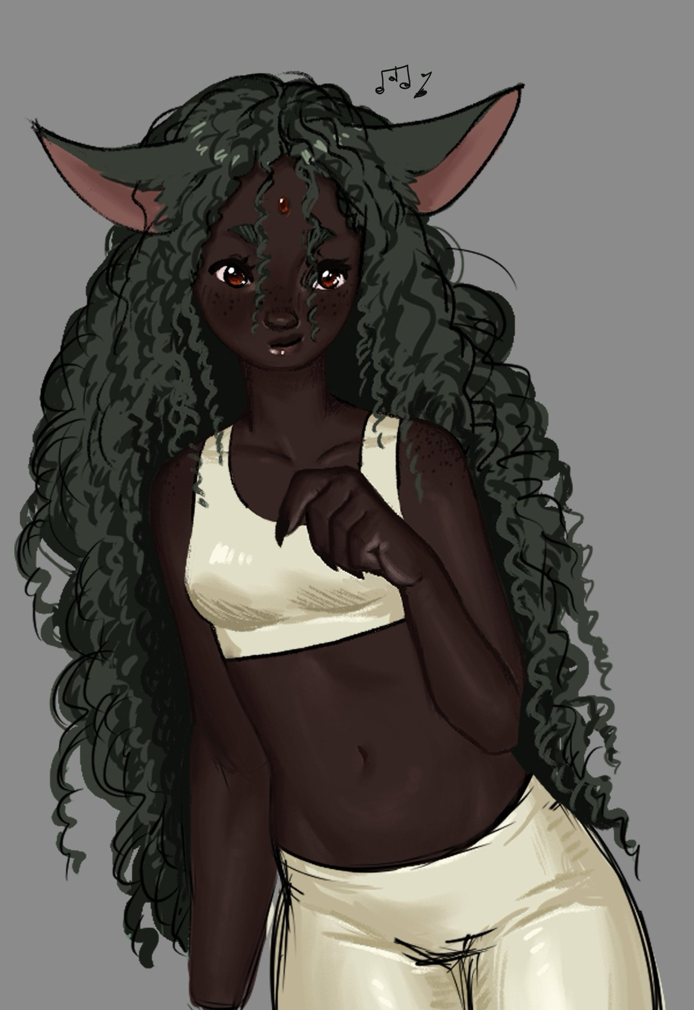 A girl with ashy green hair and dark skin. She had a small ruby gem at the center of her forehead and is looking slightly to the side with hesitant body posture 