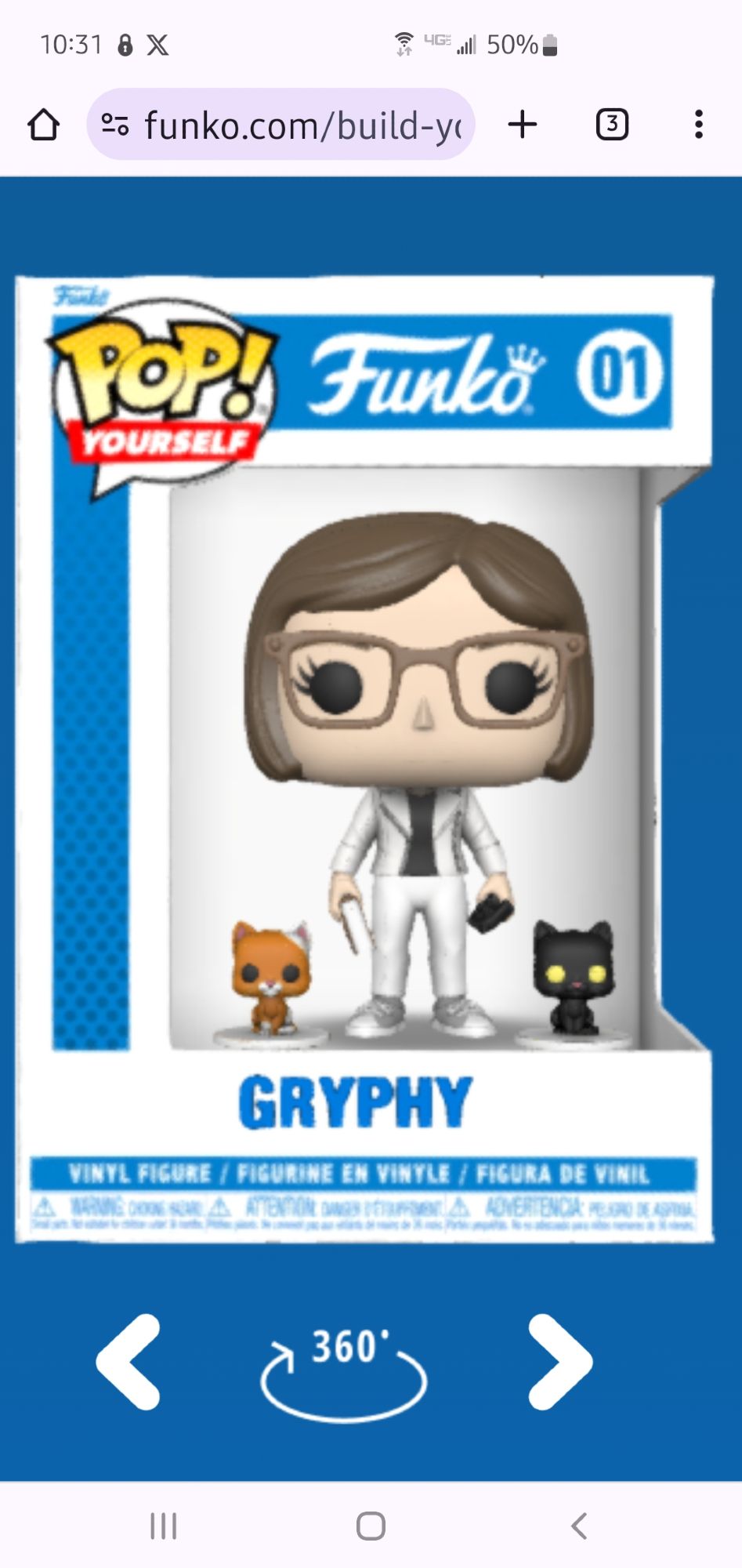 Me as a pop yourself.  A lady in a white suit, glasses and two cats