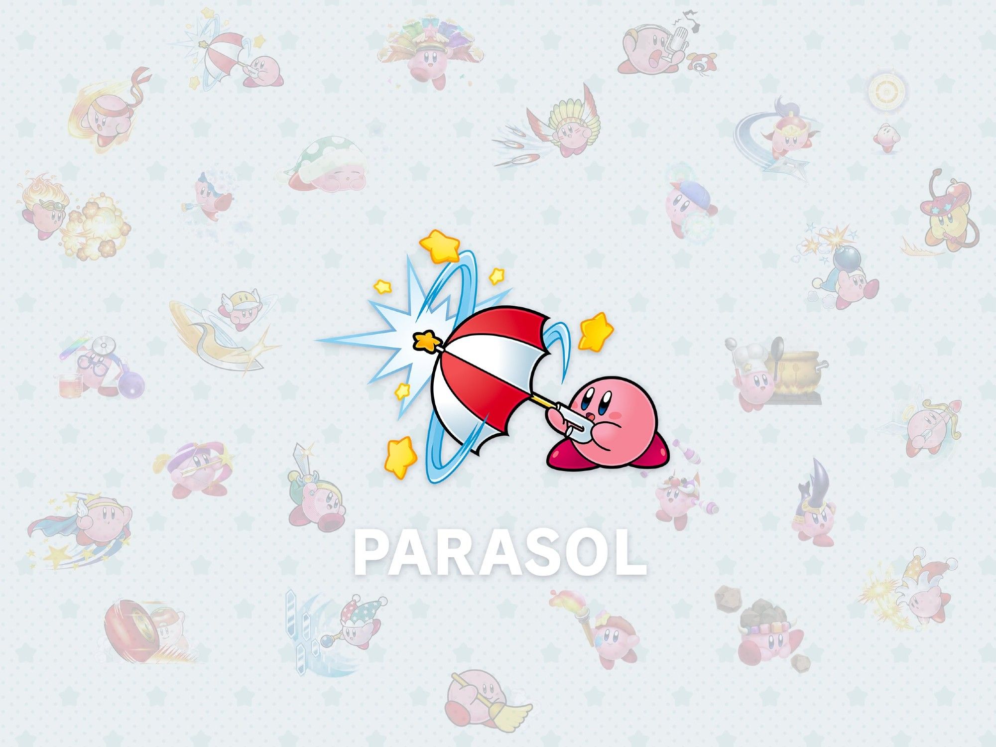 Wallpaper of Parasol kirby!  With 31 other kirby types in lighter colors around him