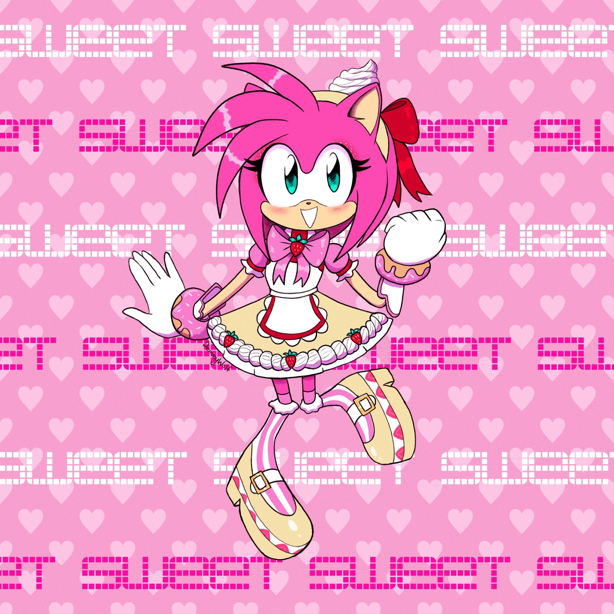 Fan art of Dulce Amy from Sonic Forces Speed Battle. The word "sweet" is repeated in the background in white and hot pink letters. The background is pink with lighter pink hearts.