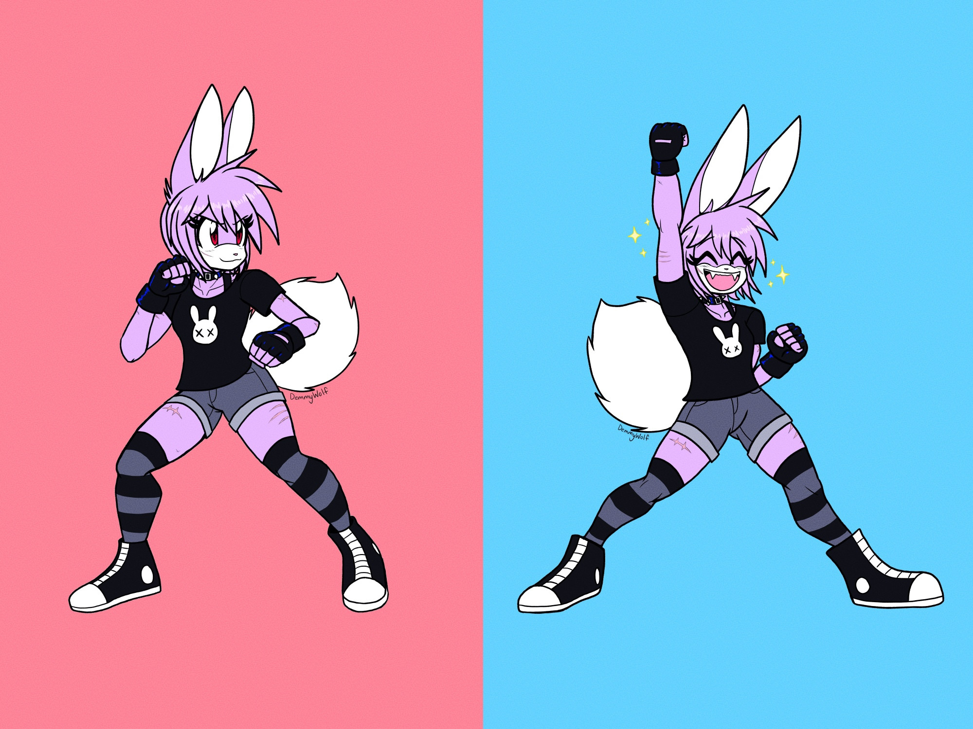 Digital art of my anthro bunny character named Jenny in two different poses side by side. The one on the left shows Jenny in a fighting stance, and the one on the right shows Jenny in a victory pose with one fist raised in the air and a big smile on her face. She also has little sparkles next to her in her victory pose. Both poses are based off of Sakura's default fighting stance and one of her victory poses in Street Fighter Alpha 3.