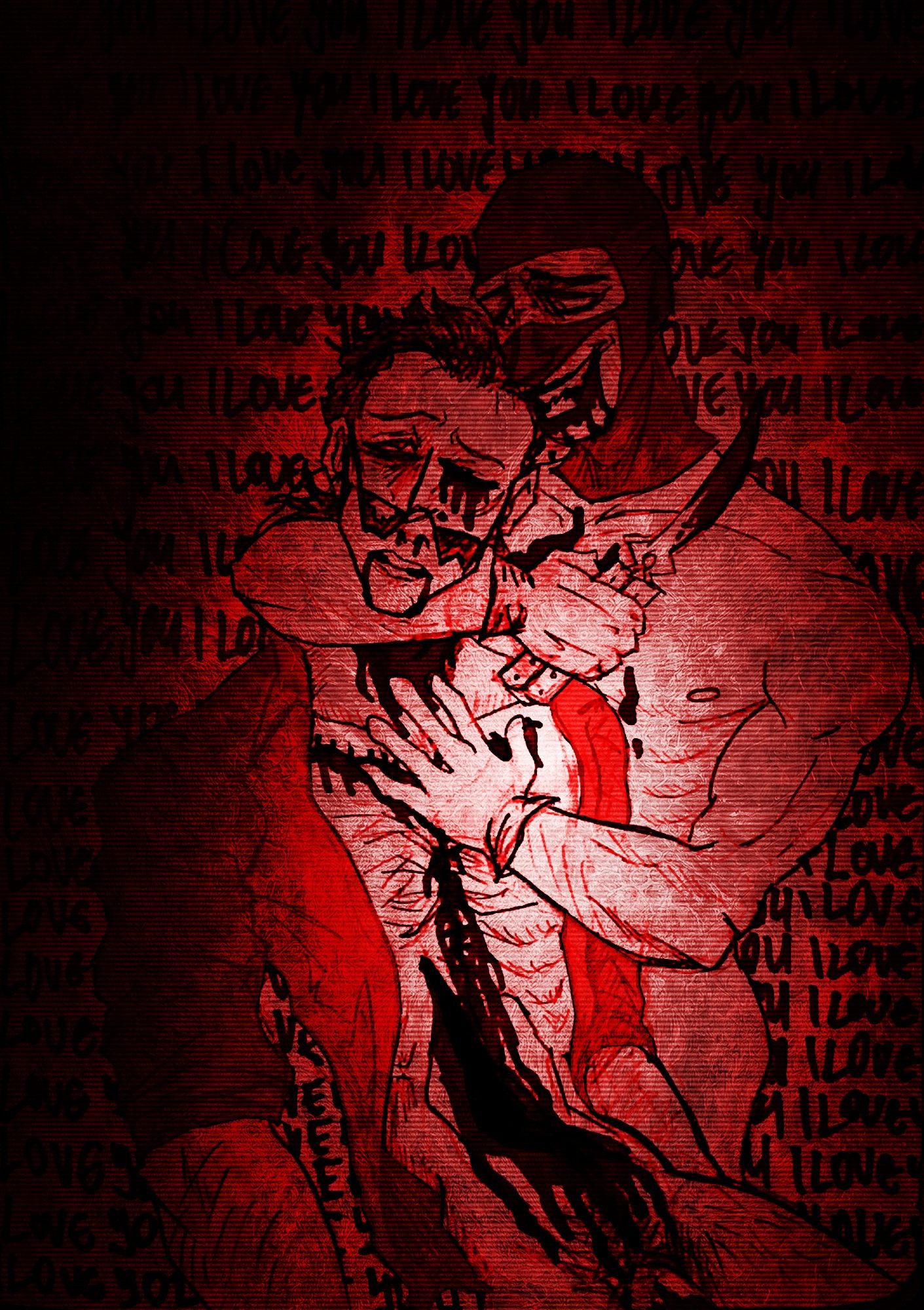 BLU Spy, with blood around his mouth, holding up a corpse of a completely gutless RED Sniper. His arm, with a bloody knife, wrapped around Sniper's bleeding throat, as he rests his other hand on his bleeding chest. RED's stomach area is cut open, showing there is nothing inside, and bleeding. The background only says "I LOVE YOU".