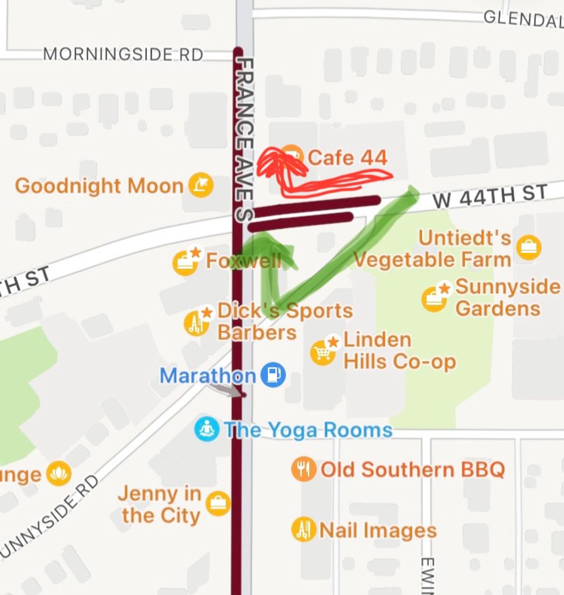 Map showing in red where the motorist drove around the Road Closed signs and tried to drive on the walkway to make a right hand turn from 44th St. onto France Ave., instead of following the green path on Sunnyside Rd. and then making a right turn on France