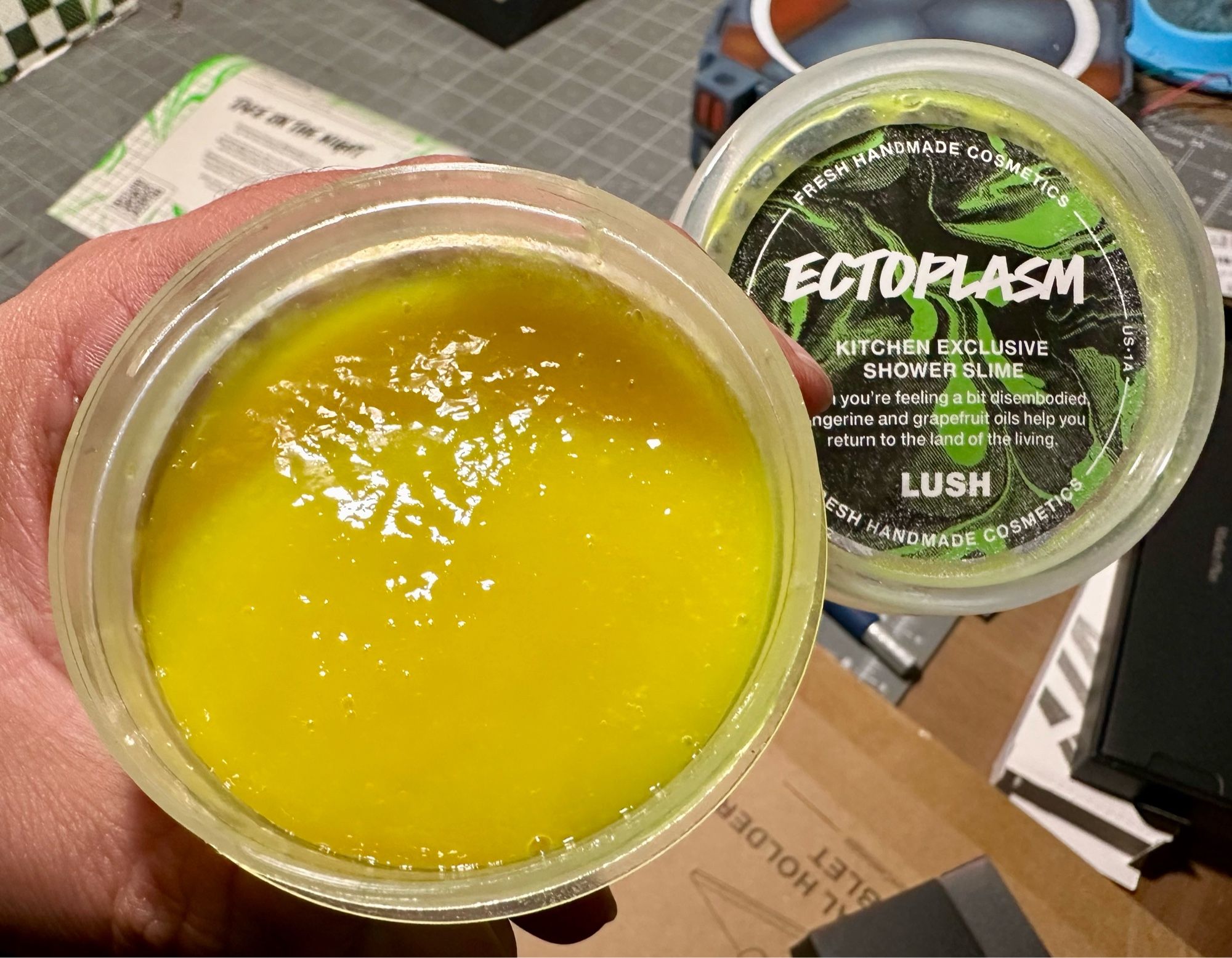 An open container of “Ectoplasm”, Lush’s exclusive Halloween shower gel from their monthly loot box.

It smells like tangerines, lemon and grapefruit 🍊