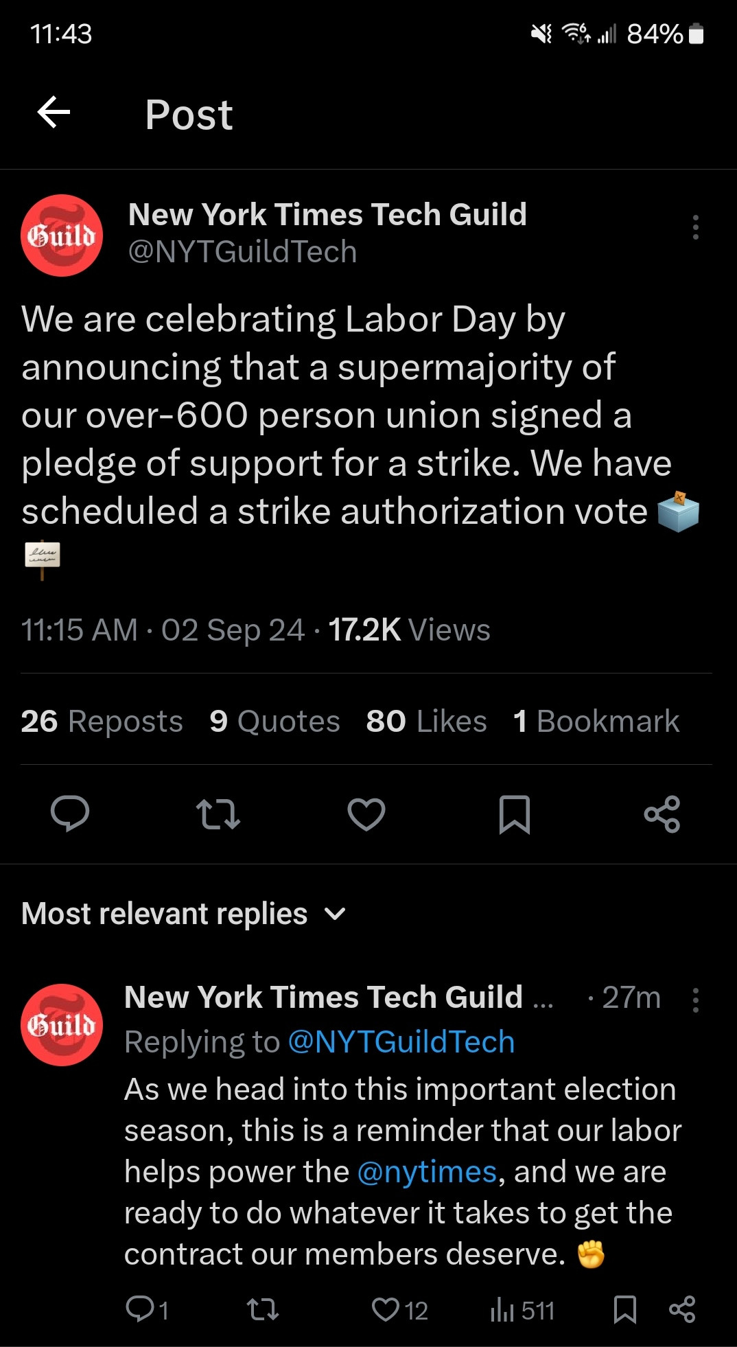 New York Times Tech Guild
@NYTGuildTech

We are celebrating Labor Day by announcing that a supermajority of our over-600 person union signed a pledge of support for a strike. We have scheduled a strike authorization vote. As we head into this important election season, this is a reminder that our labor helps power the @nytimes, and we are ready to do whatever it takes to get the contract our members deserve.