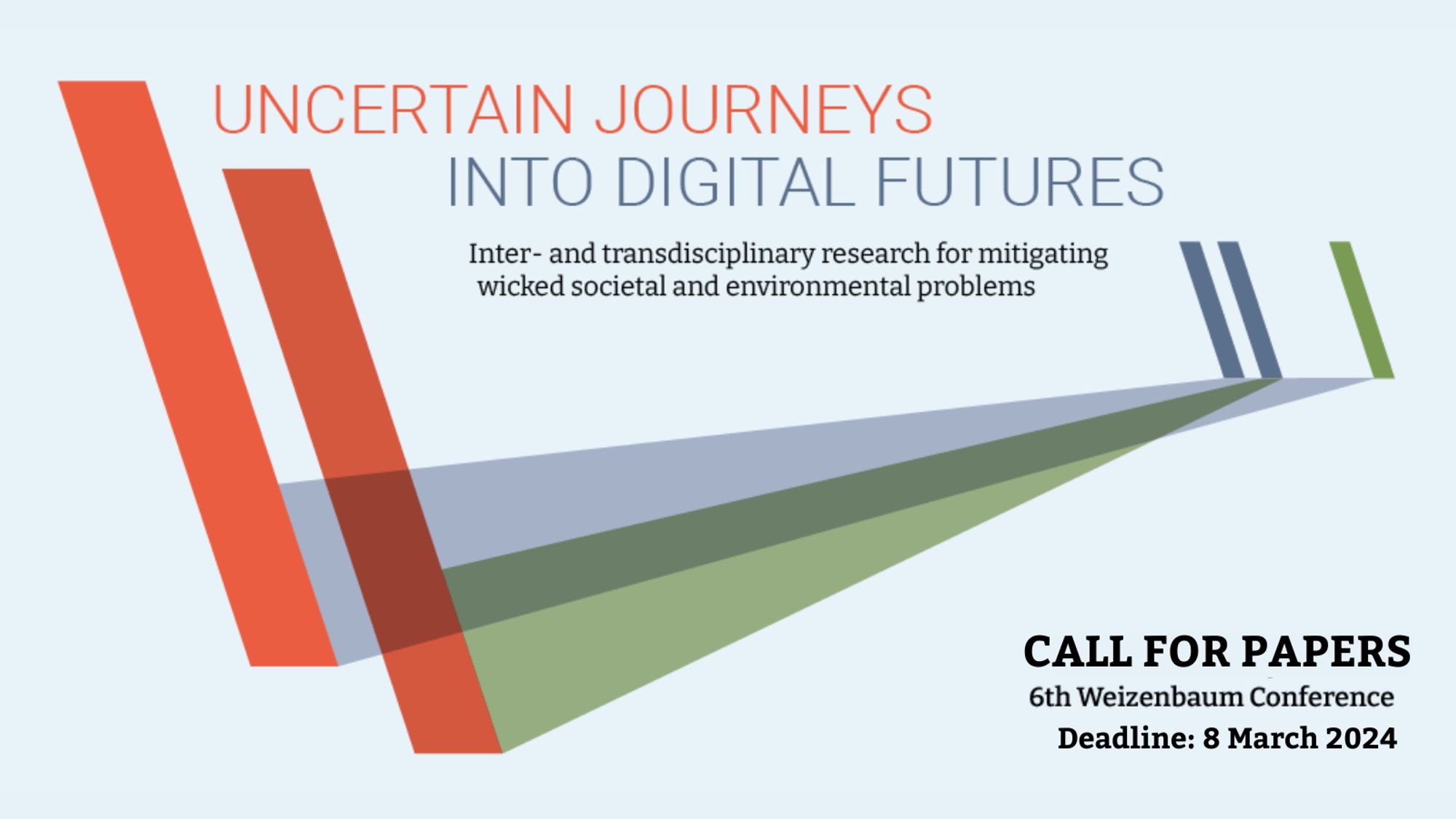 "Uncertain journeys into digital futures: Inter- and transdisciplinary research for mitigating wicked societal and environmental problems" Underneath this text is an abstract image of two large vertical lines on the left, connected by pathways to smaller blue and green lines on the upper right. 

Beneath the image: "CALL FOR PAPERS, 6th Weizenbaum Conference, Deadline: 8 March 2024"