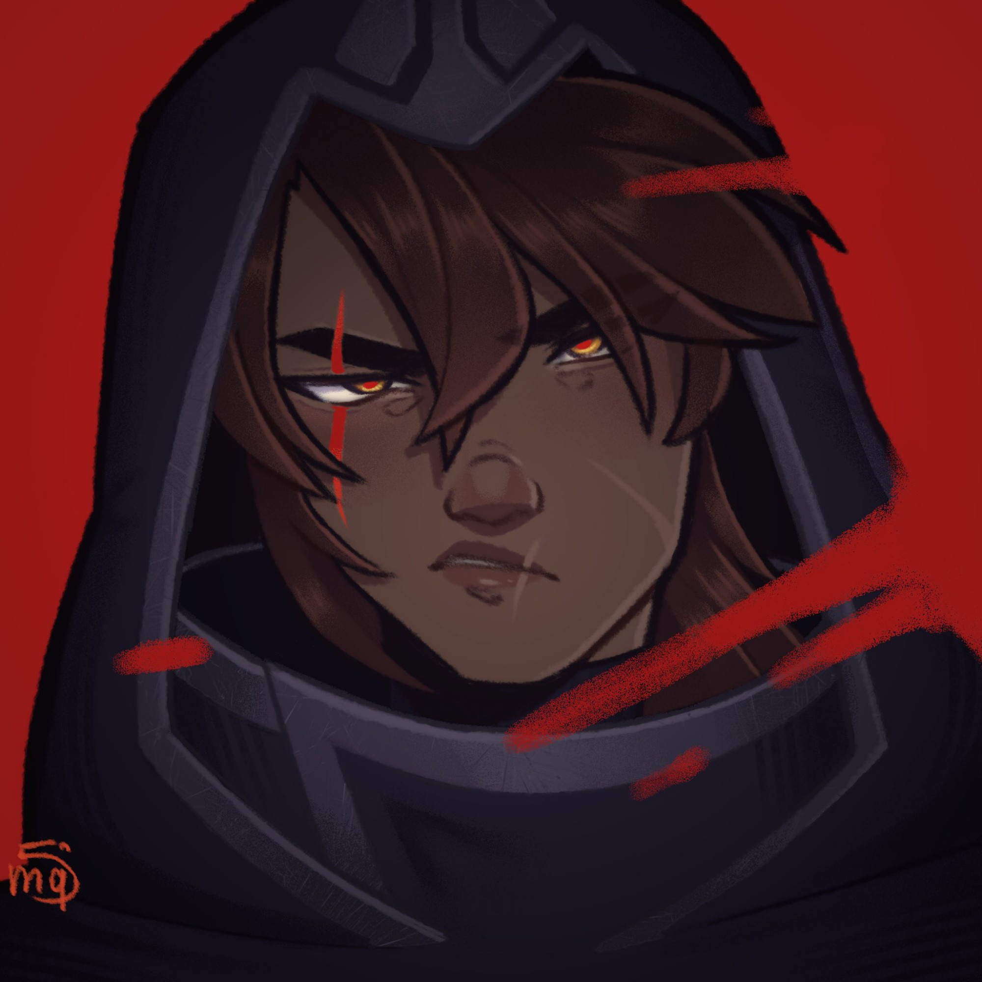 A long brown haired assassin with scars on his face is scowling at the viewer. He wears a blue hood with metal details and his right eye is cut.