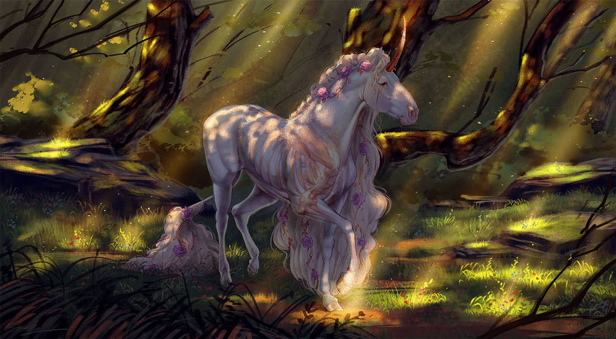 A white unicorn with semi-transparent sling and golden bones walking through a rich forest in dappled light.