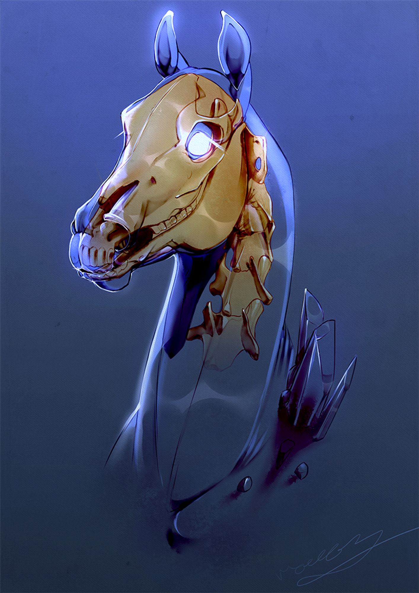 Glass horse showing gold skull and vertebraes on a blue background. Eye is glowing.