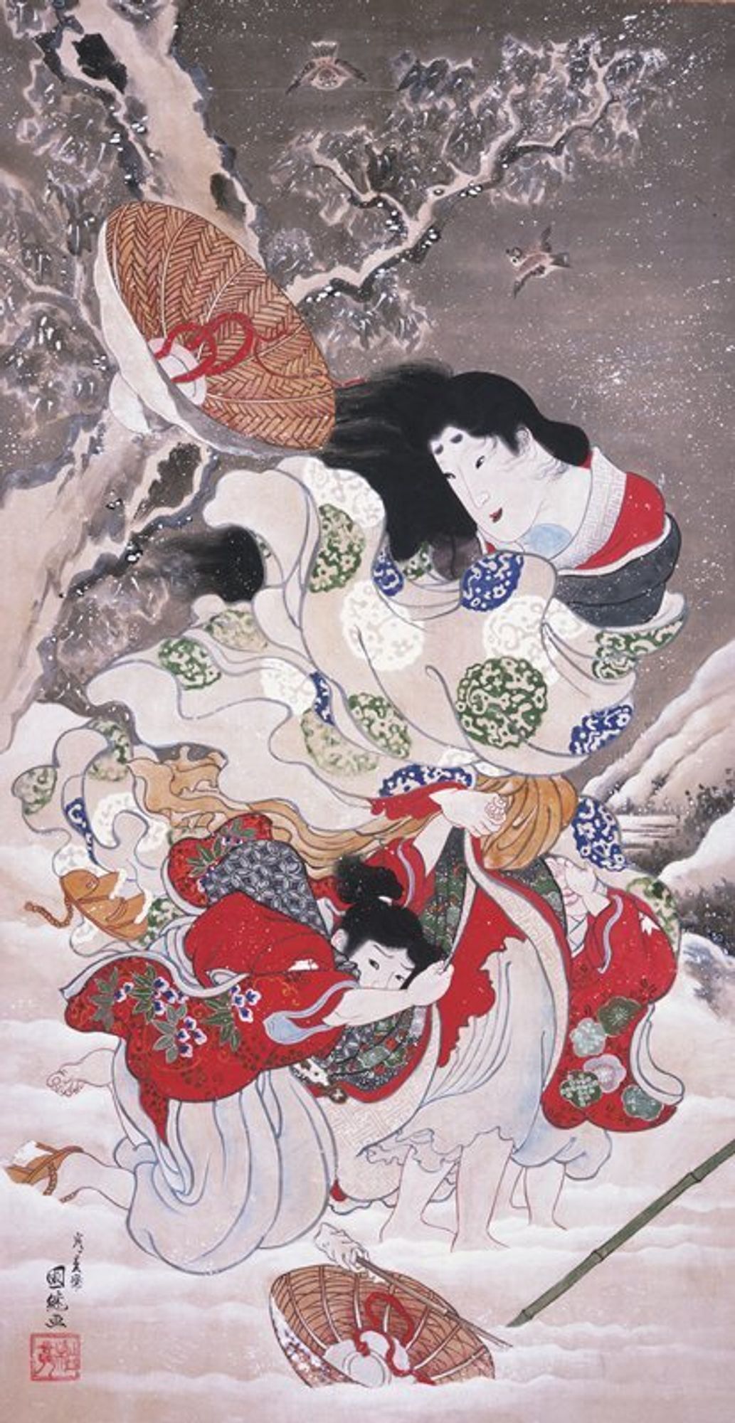 snow scene with woman with two children close to her body, all in very stong winds that are blowing their clothes; the woman's hat has just flown off of her head; another overturned hat at bottom; all are wearing red kimonos
In 1159, the powerful clan leader Minamoto Yoshitomo was defeated by Taira Kiyomori, and Lady Tokiwa fled through the snow with their three children: Imawaka, Otowaka, and Ushiwaka (aka Minamoto Yoshitsune, destined to become one of the most famous samurai warriors). No other works are known by the mysterious Kunitsugu, and until recently it was believed that this painting dated to the 1820s. However, the discovery of the similar-looking print by Kuniyoshi from around 1848 suggests differently. The painting cannot have been done prior to the print as Kuniyoshi was a successful and well-known artist who would not have copied a work by an unknown painter. It seems plausible then that Kunitsugu created the painting after Kuniyoshi's print, perhaps on commission.