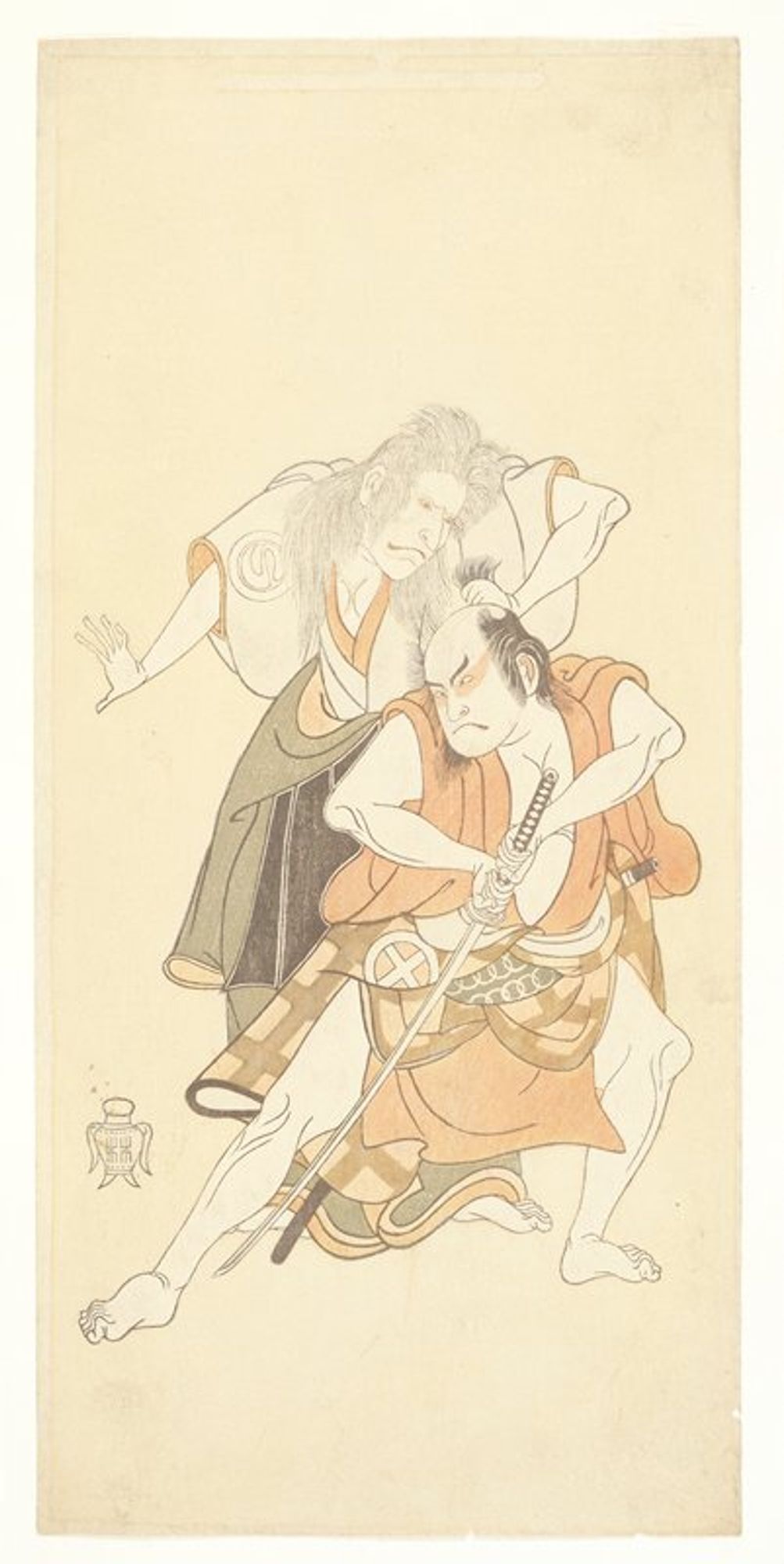 This print depicts a scene from a Kabuki play performed in 1768. The plot is based on a folktale about an old woman who lived in an isolated house. She kindly offers lost travelers a place to rest, but murders them in the night. Sawamura Sōjñrō II is shown playing the role of the evil old woman, who grabs the topknot of a warrior, played by Ōtani Hiroji III. With his sword unsheathed, the warrior tries to defend himself from her unexpected attack. Sōjñrō II, who was tall and graceful, did not typically play old women. Nonetheless, as described here by Shunshō with contorted arms and disheveled hair, he played the role to terrifying effect.