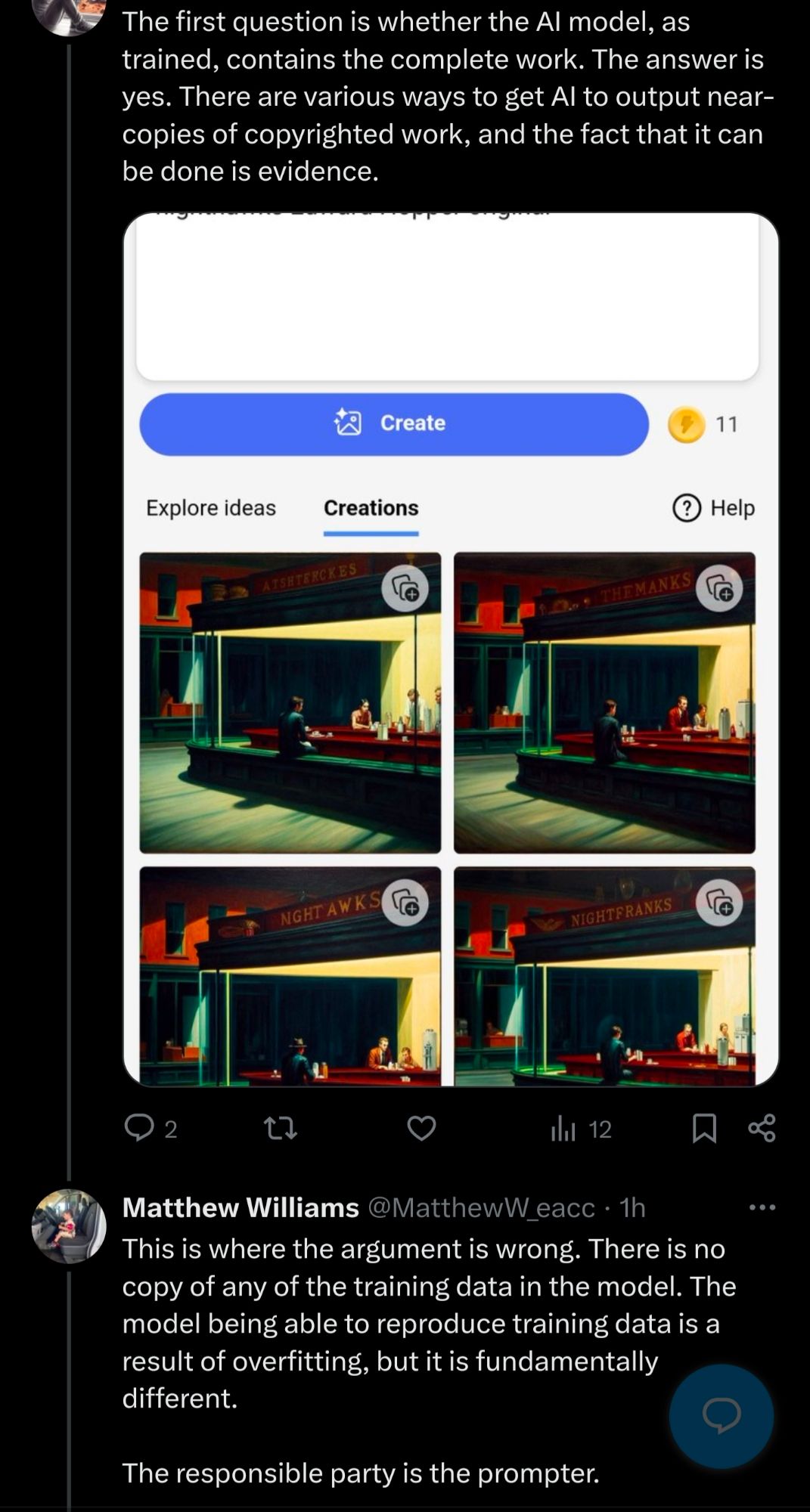 I argue that original works used to train AI data are fully contained in the AI model and show Bing AI producing a near-copy of "Nitehawks" by Hopper when prompted. In reply person argues that this is "just overfitting" and it's different.