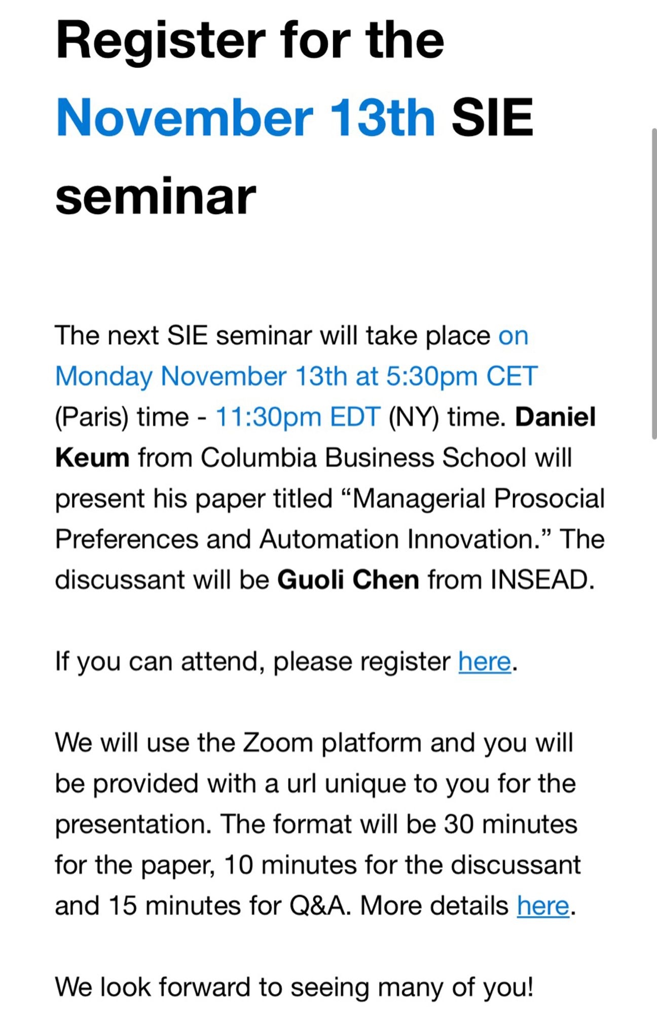 Daniel Keum from Columbia Business School will present his paper titled “Managerial Prosocial Preferences and Automation Innovation.” The discussant will be Guoli Chen from INSEAD.