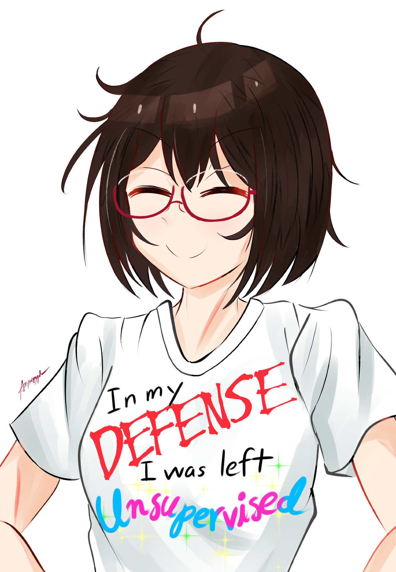 Sorawo in a tshirt saying IN MY DEFENSE I WAS LEFT UNSUPERVISED and looking smug as shit