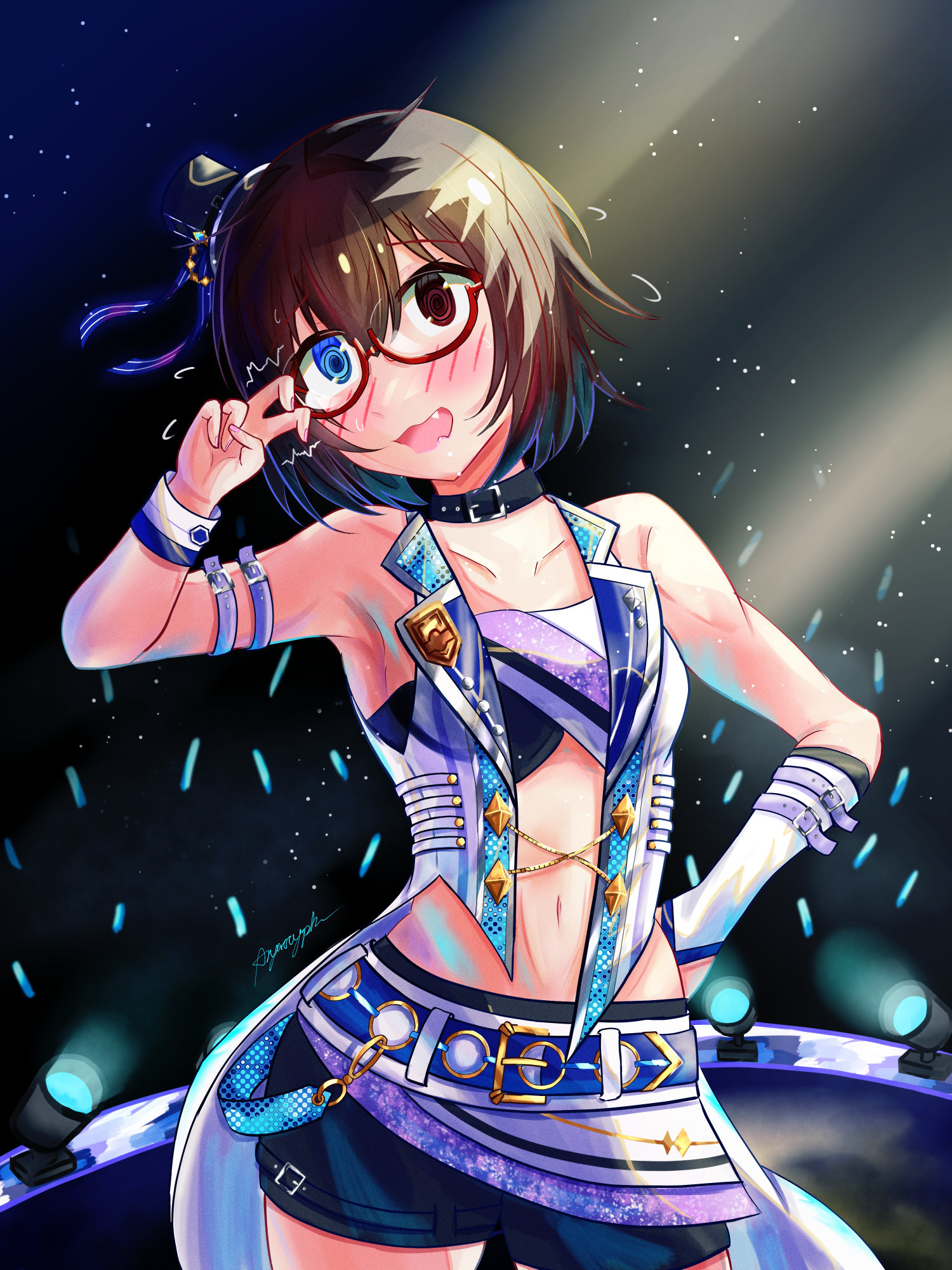 Sorawo from Otherside Picnic in a flashy idol costume outfit and looking extremely embarrassed 