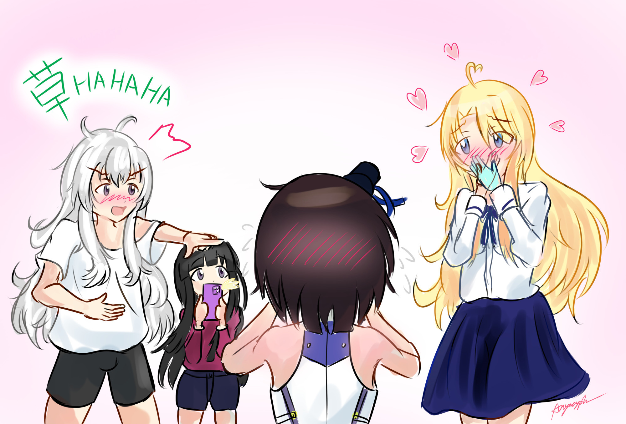 Sorawo covering her face while Toriko is squealing over her, Kozakura is laughing, and Kasumi is taking a picture 