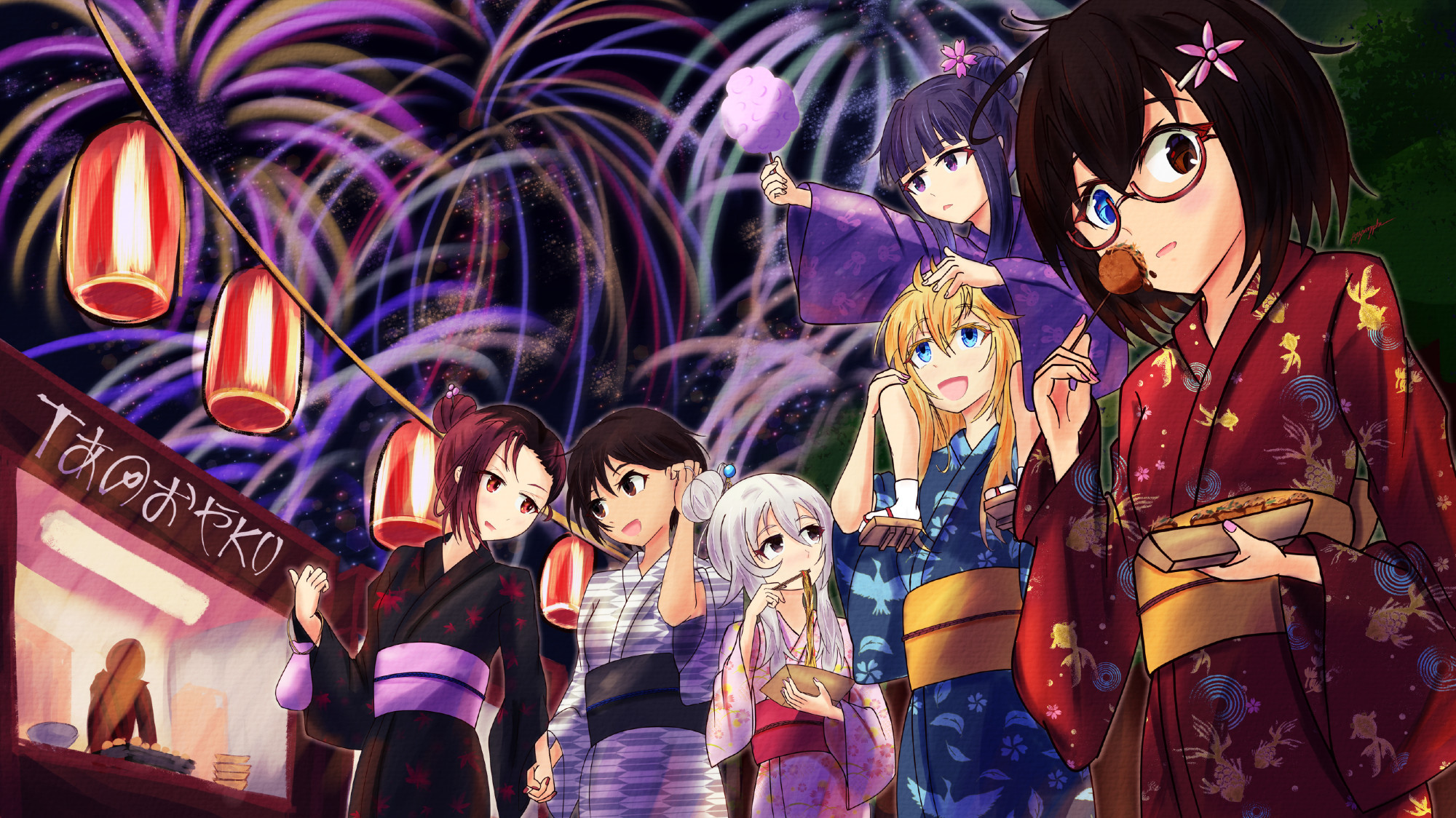 The Otherside Picnic gang in yukata at a summer festival, with fireworks in the sky