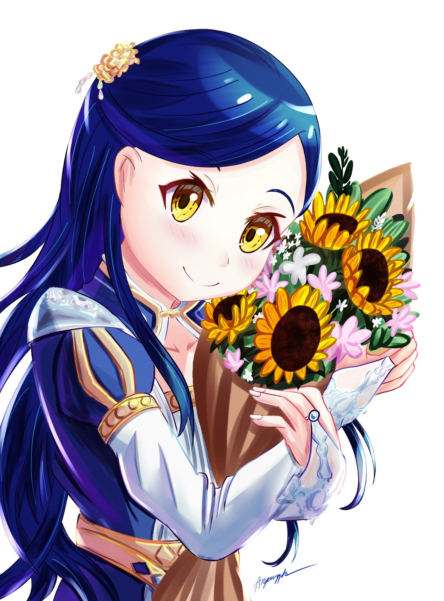 Myne from Ascendance of a Bookworm holding a bouquet of sunflowers