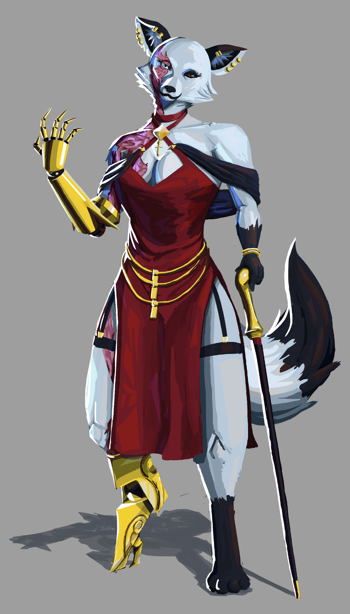 White furred coat fox lady with a golden prosthetic right arm and right leg. The right side of her body is well scarred, mostly seen on her right shoulder, arm, and more prominent near her right eye.  Her left hand supports her body with a golden and black cane. She wears a red dress and is adorned with golden accessories.