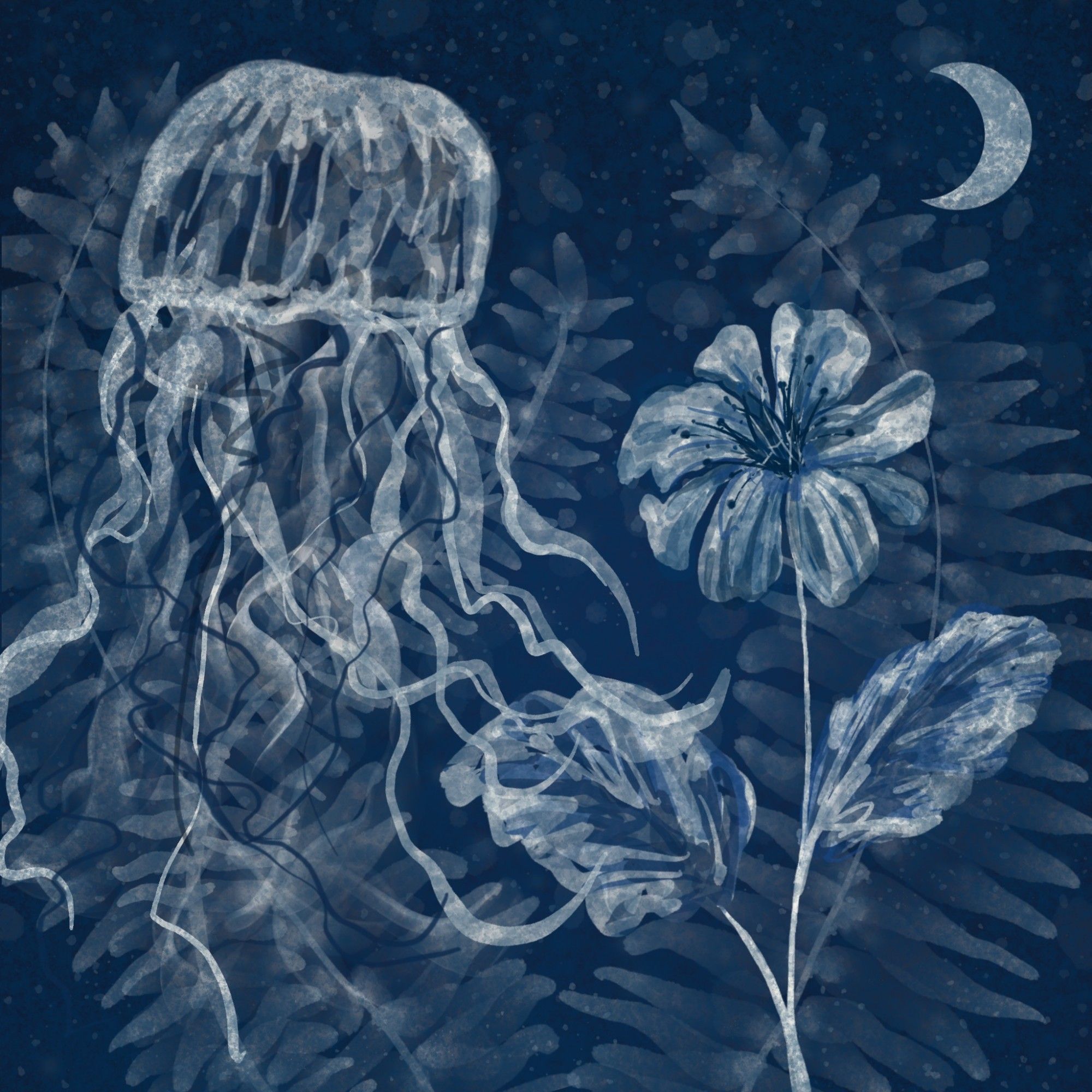 Illustration of jelly fish, flower, ferns, amd crescent moon in blue