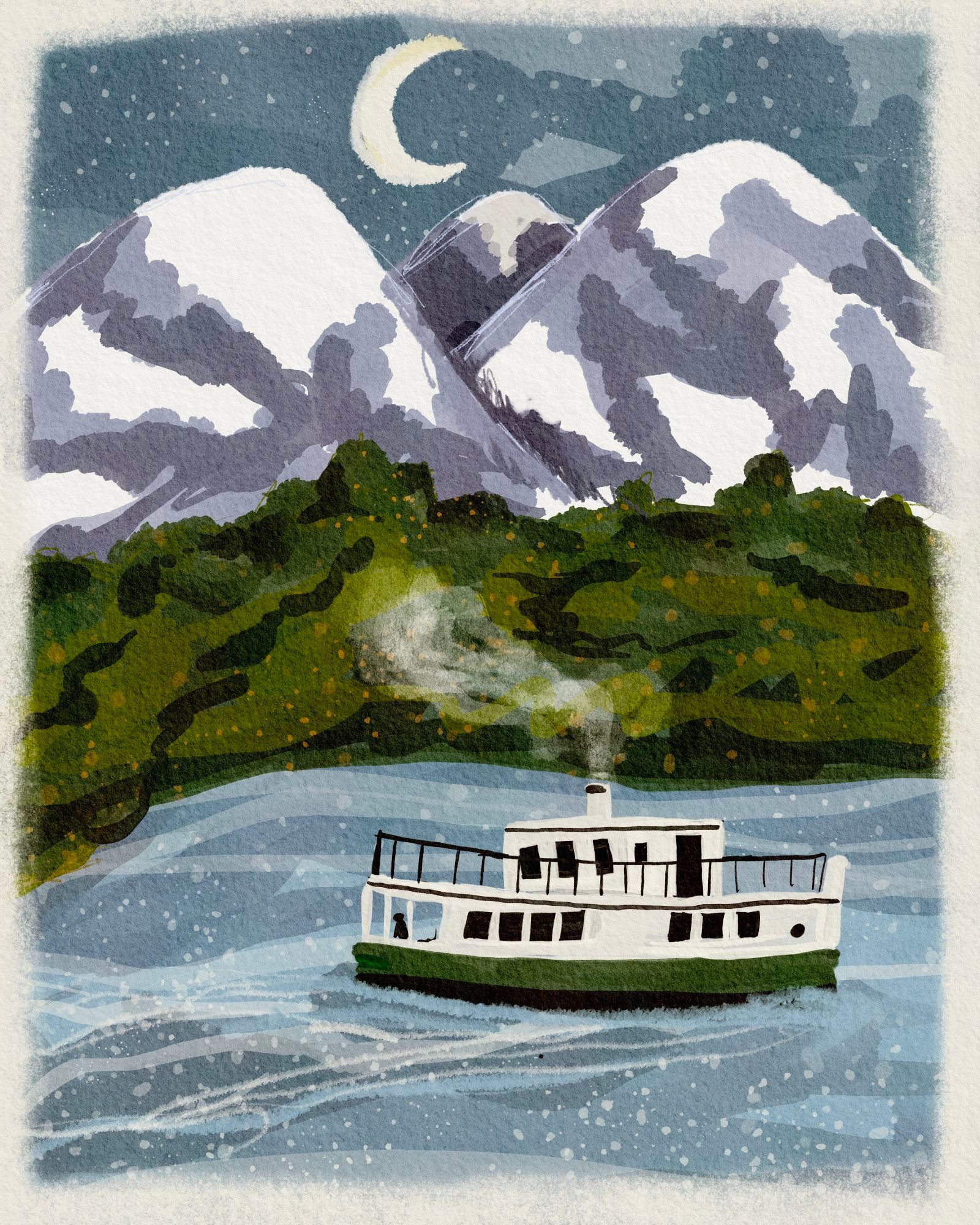 Illustration of a foot ferry with trees and mountains and a moon.