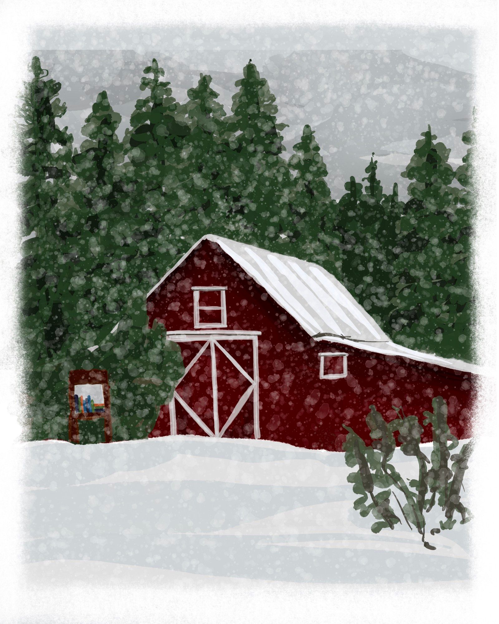 Illustration of a barn in the snow.