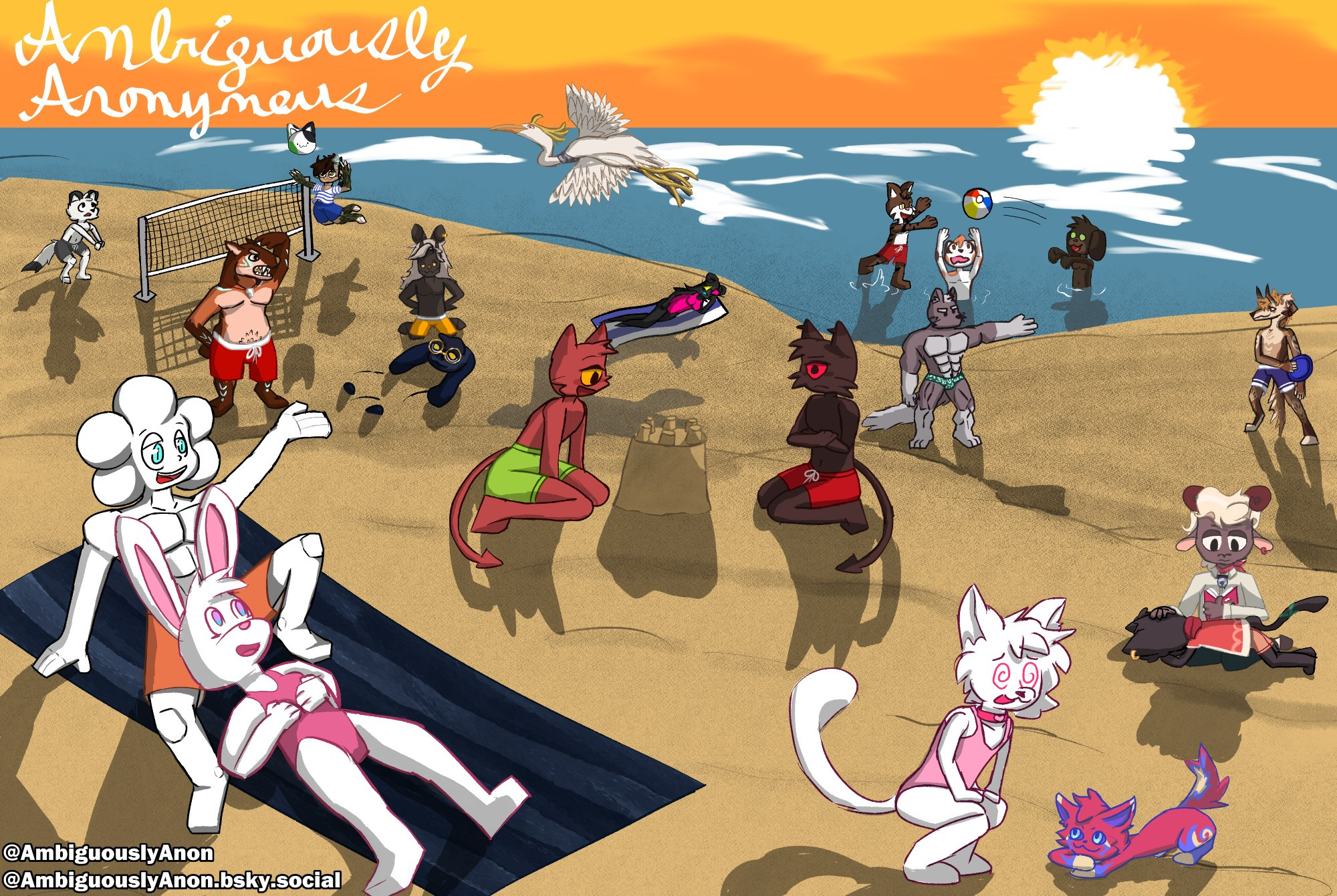 Artfight Mass attack of everyone on a beach lit up by a beautiful sunset. Foreground: Cloud man Dennis lies with his boyfriend, Greggory bunny. Naru the silly ramen cat takes a look at the brightly coloured Cherry, who looks ready to play or pounce. 

Midground: Cyclops cat brothers Spencer and Jett are building a sandcastle, although Jett doesn't look too happy. Koda the cat is sobbing in their boyfriend Miloh the sheep's lap because they forgot to bring their swimsuits.

Background: Charlie the Stoat playing beachball with his friend Misfit, although they're using Amo the cat as their ball. Aiden the lifeguard oversees the beach while Vance the bat is burying his boyfriend Starshine the rabbit in the sand. Jukki relaxes on the beach while Noll the heron flies overhead, and Ryker the buff wolf prepares to catch a frisbee from Affogato the borzoi. 

In the water, Hershey the cat and Allen the Dachshund are playing Monkey in the Middle with Hershey's twin brother, Marshall the calico