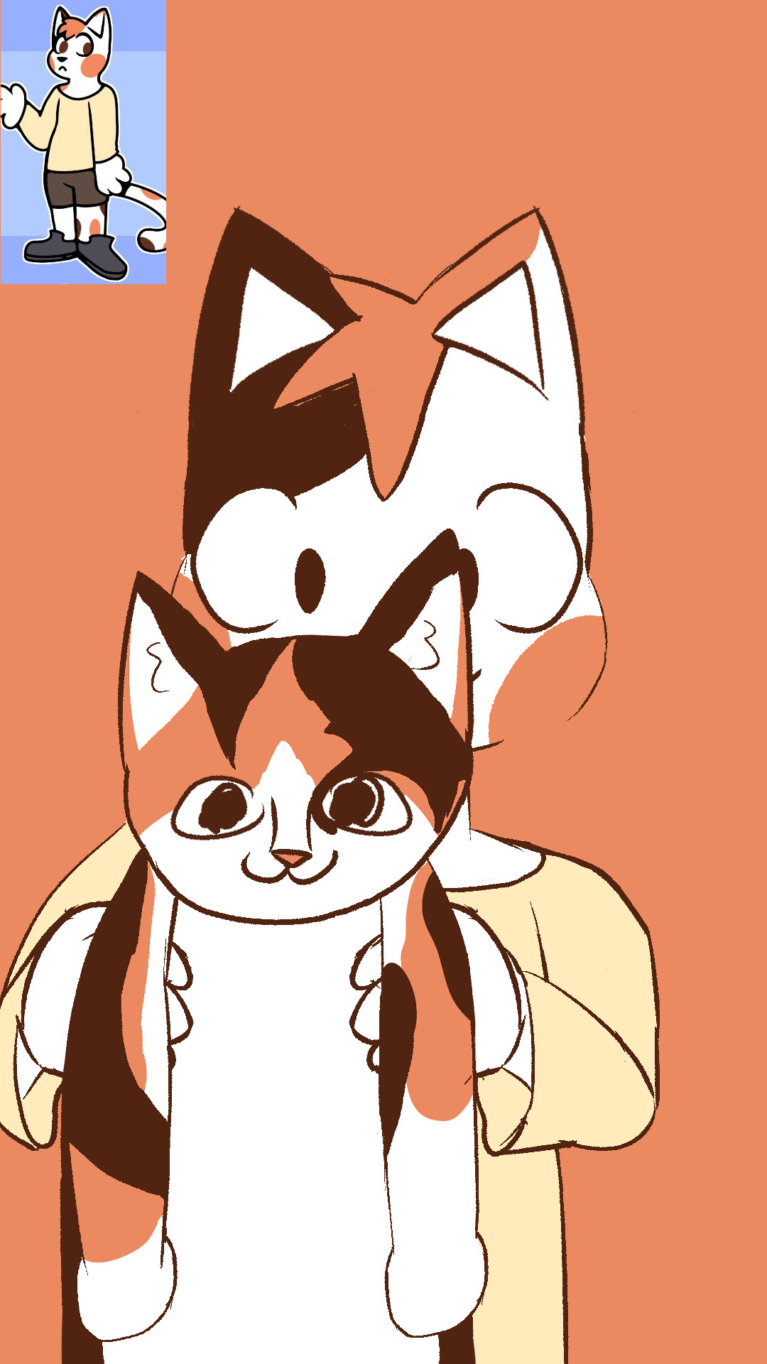 anthro calico cat boy Marshall holding up a regular animal calico cat